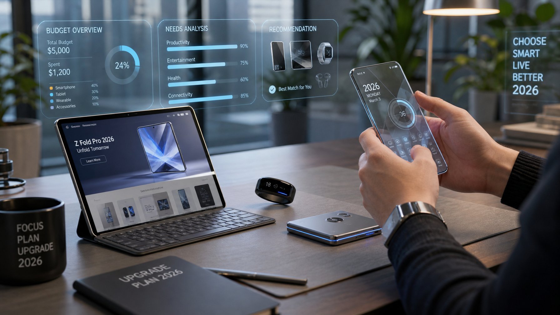 Seseorang sedang memilih gadget terbaru di meja kerja modern dengan beberapa perangkat teknologi canggih di sekitarnya.