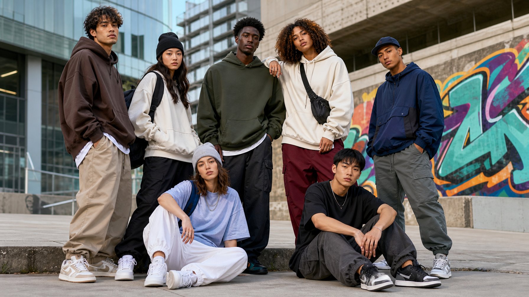 Sekelompok orang muda berdiri di luar ruangan dengan pakaian kasual dan streetwear terbaru, di latar belakang terdapat bangunan modern dan grafiti dinding.