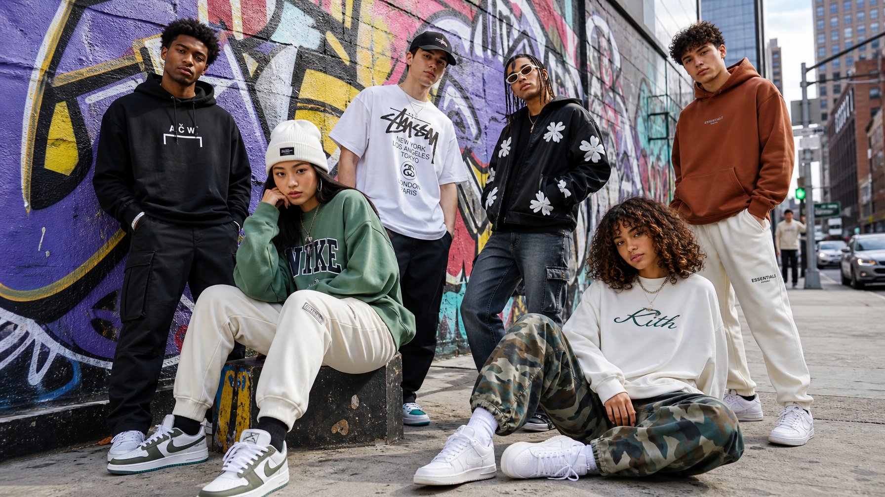 Sekelompok orang muda mengenakan pakaian kasual dan streetwear di latar belakang kota dengan seni jalanan.