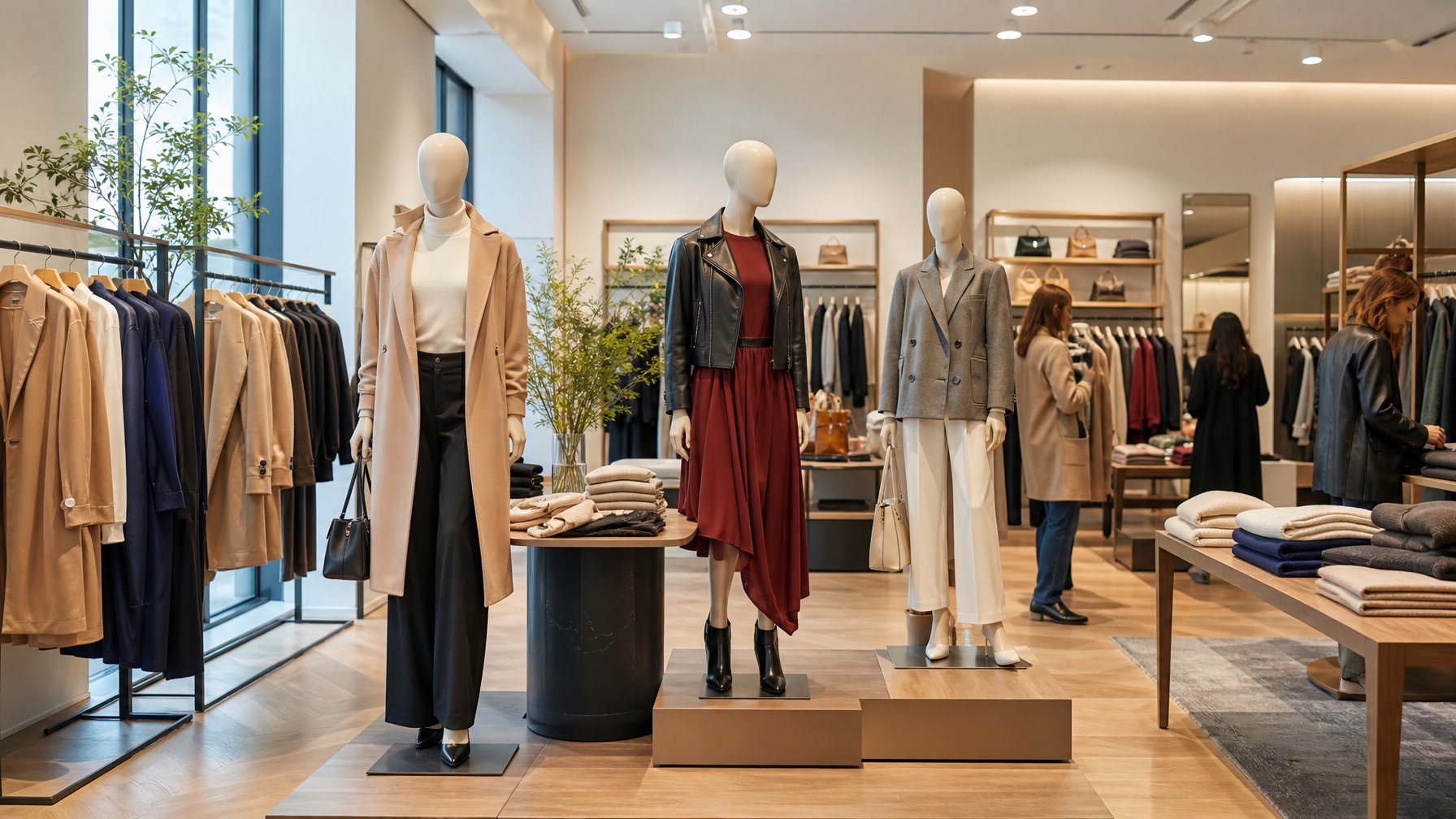 Interior butik mode dengan manekin memakai pakaian branded terbaru 2026 dan pengunjung sedang berbelanja.