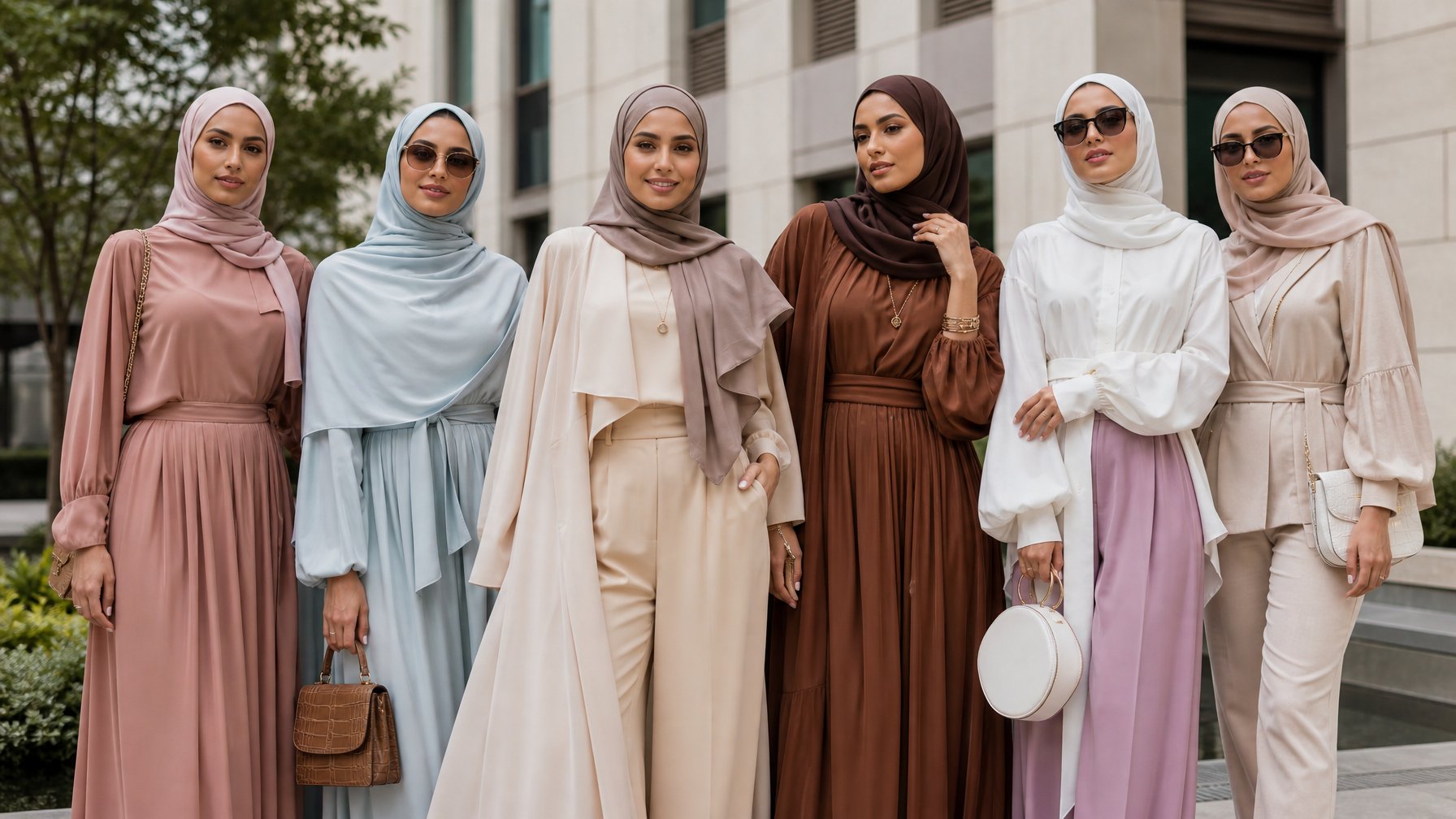 Sekelompok wanita berhijab mengenakan pakaian modis dan elegan sedang berdiri di lingkungan perkotaan modern.