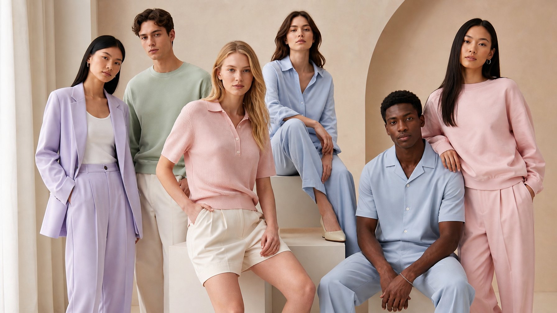 Beberapa model mengenakan pakaian sederhana dan elegan berwarna pastel dalam sebuah studio modern.