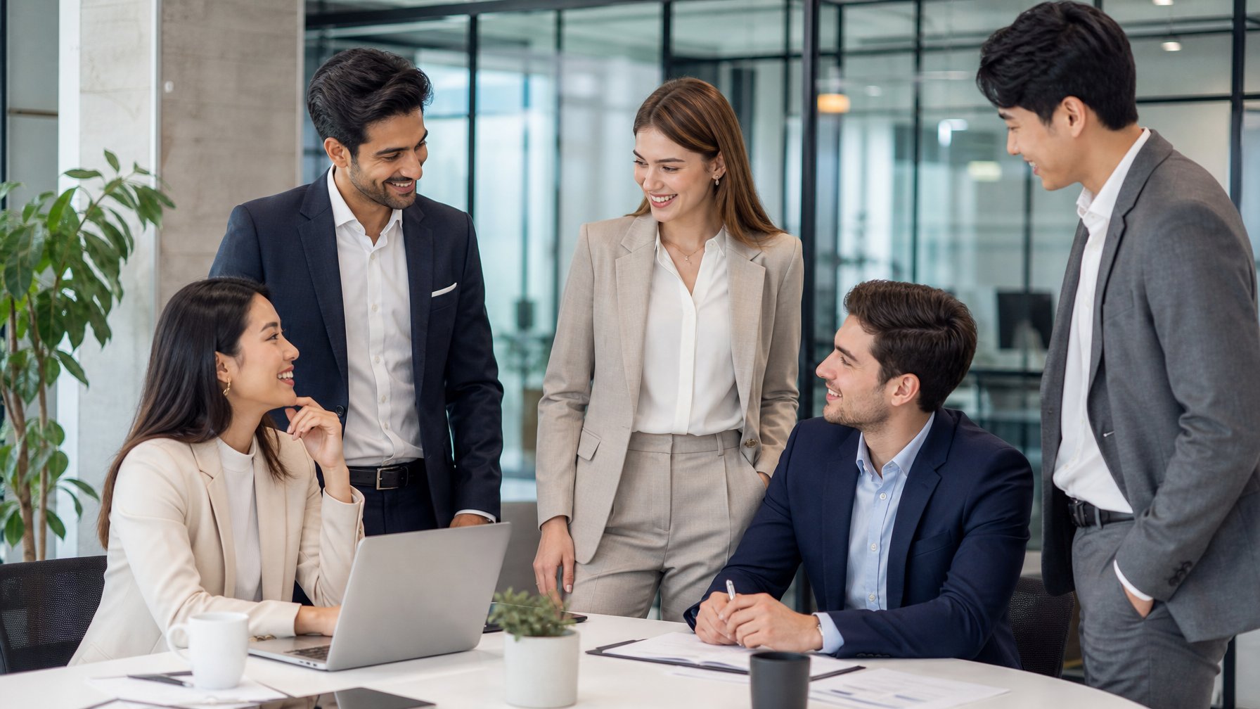 Sekelompok profesional muda mengenakan pakaian kantor formal terbaru sedang bermain di ruang kantor modern yang terang dan rapi.
