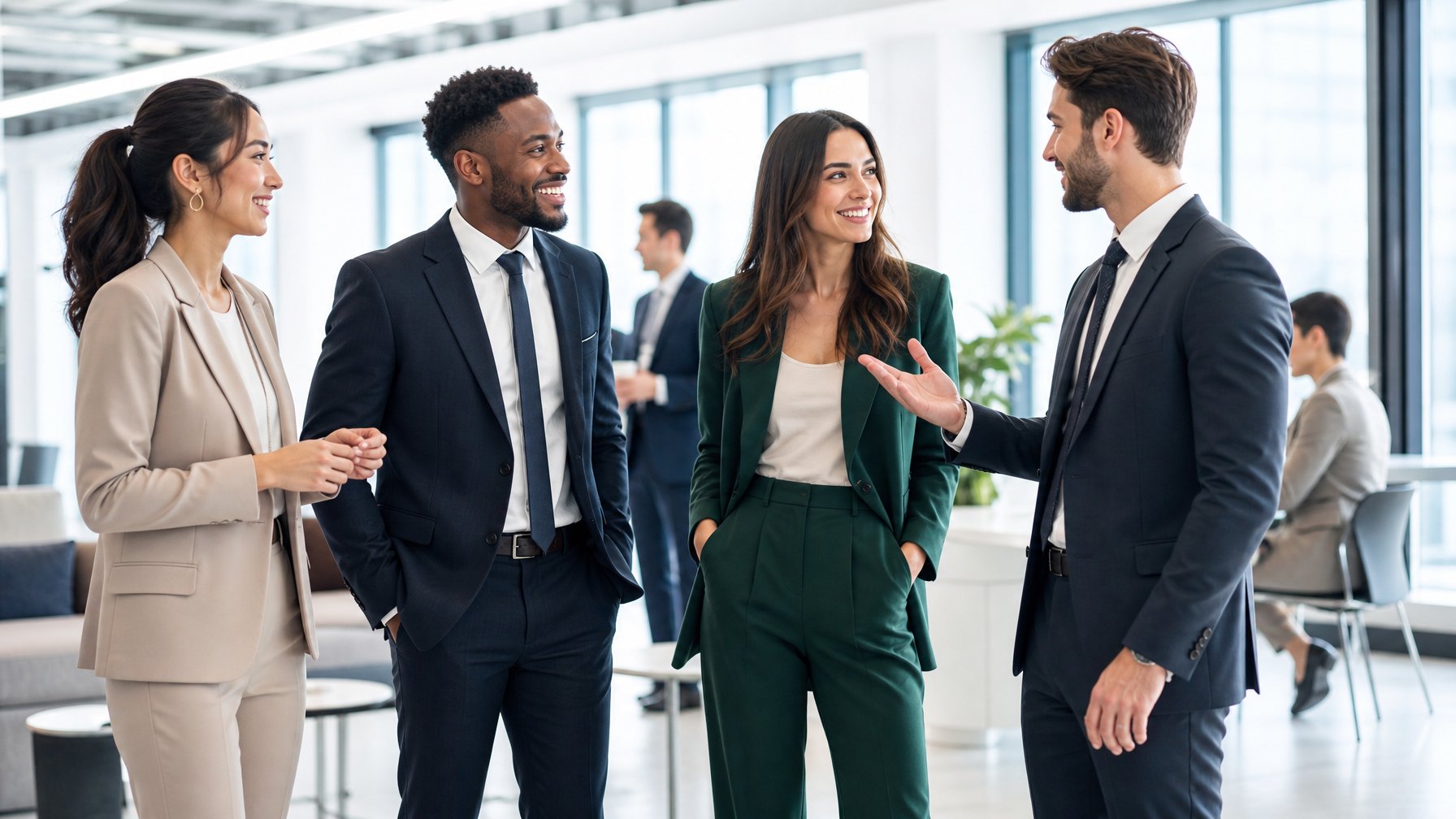 Sekelompok profesional muda mengenakan pakaian formal modern sedang berbincang di ruang kantor yang terang dan minimalis.