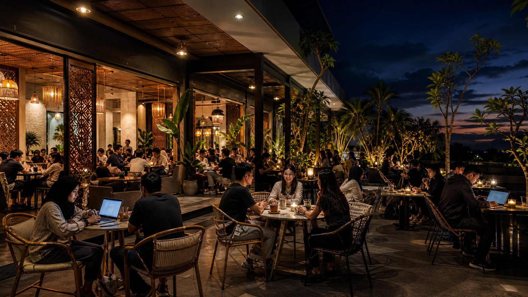 Suasana kafe modern di Indonesia pada malam hari dengan orang-orang nongkrong dan menikmati kopi di area dalam dan luar ruangan.