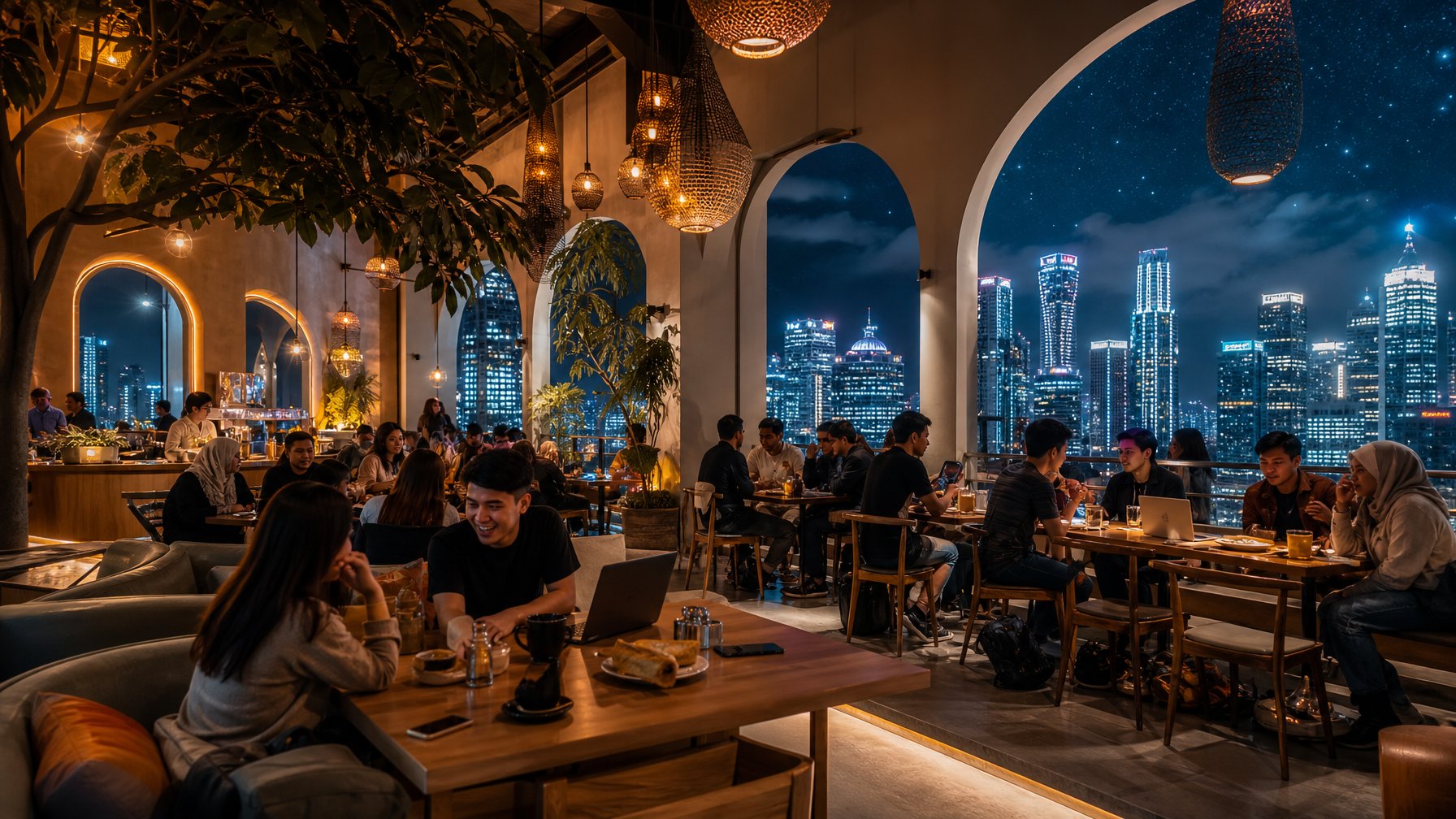Suasana kafe malam yang ramai dengan orang-orang muda sedang berkumpul dan menikmati waktu bersama hingga subuh.