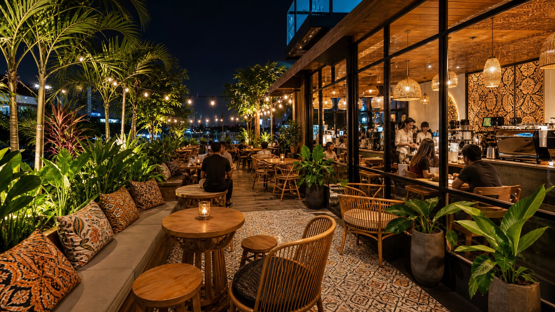 Area luar sebuah kafe modern di Indonesia pada malam hari dengan lampu hangat, tanaman tropis, dan pelanggan yang menikmati kopi.
