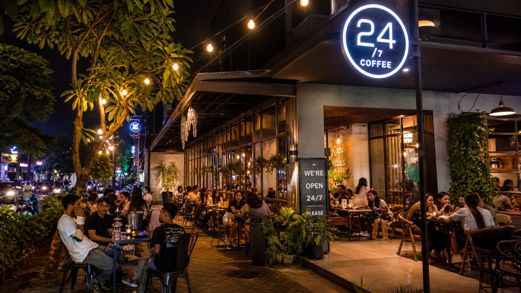 Suasana kafe malam yang ramai dengan pencahayaan hangat dan pengunjung menikmati kopi di tempat duduk di luar ruangan.