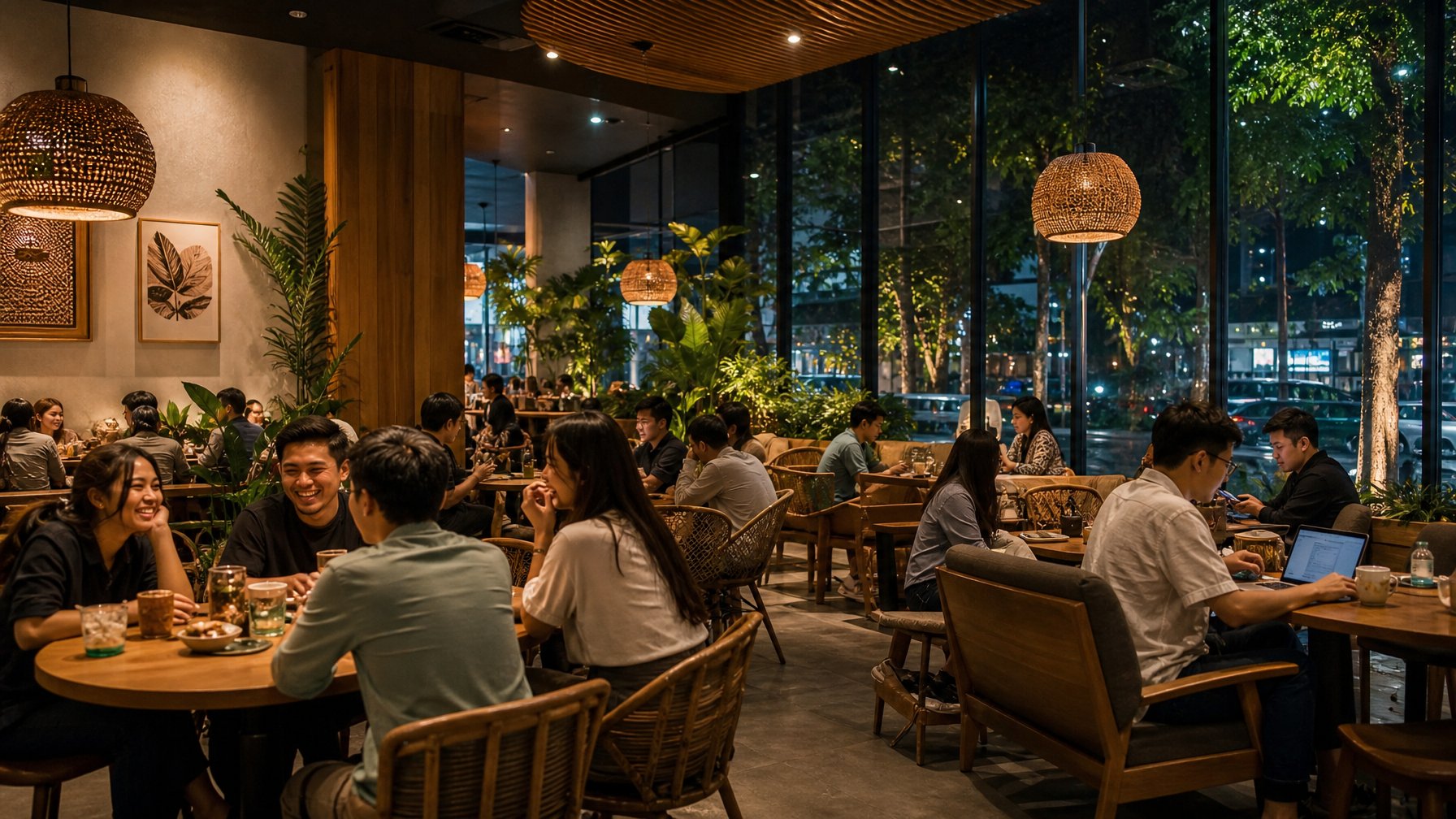 Suasana kafe malam yang ramai dengan orang-orang sedang menikmati kopi dan berbincang di dalam kafe yang nyaman dan hangat.