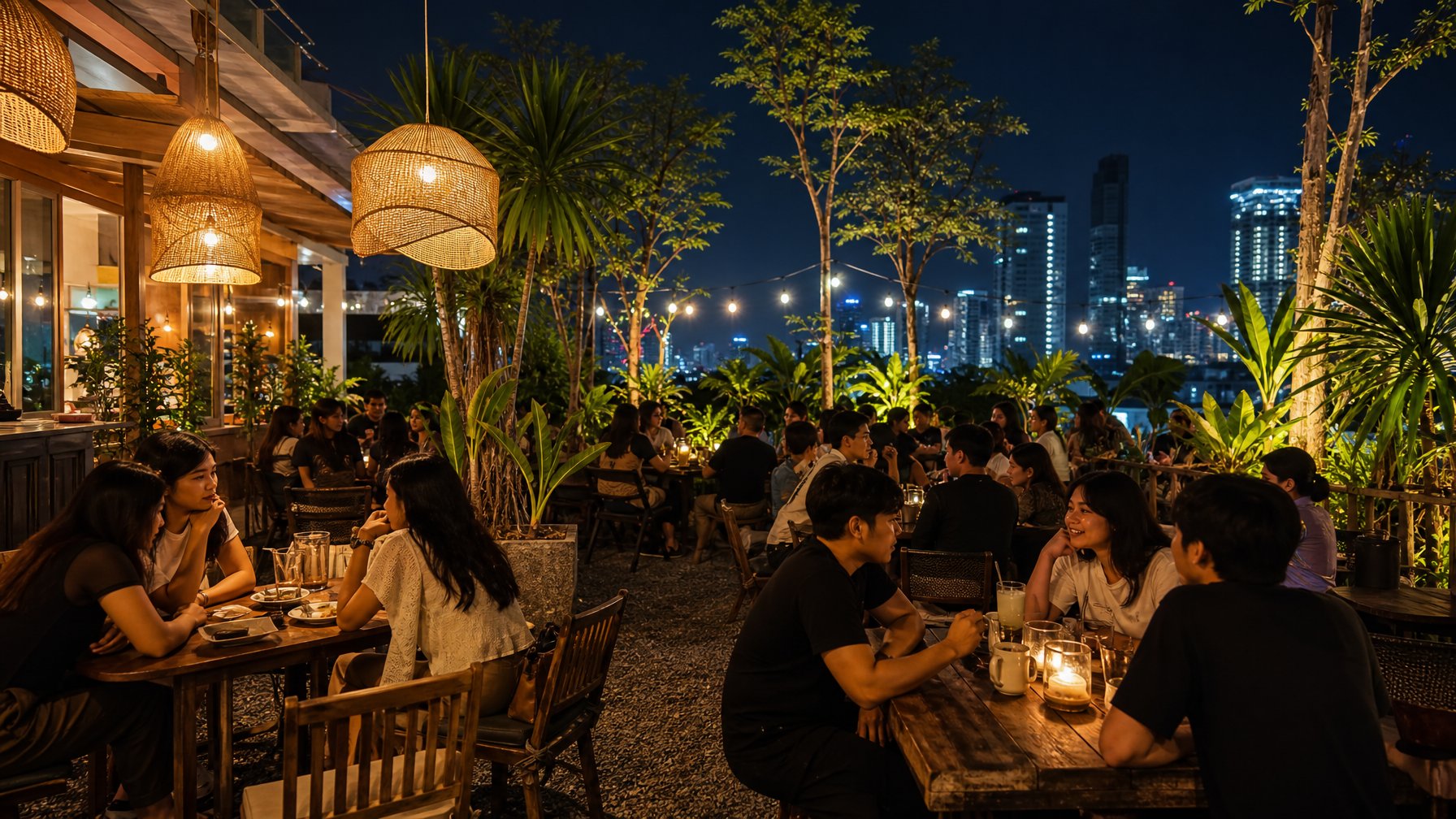 Suasana malam di sebuah kafe outdoor di Indonesia dengan orang-orang sedang bersantai dan menikmati minuman di bawah lampu gantung dan tanaman tropis.