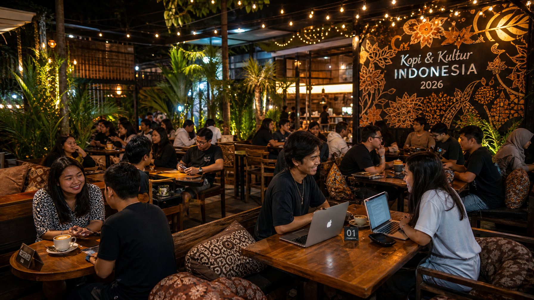 Suasana kafe malam yang ramai dengan anak muda sedang bersosialisasi di luar ruangan dengan pencahayaan hangat dan dekorasi tropis.