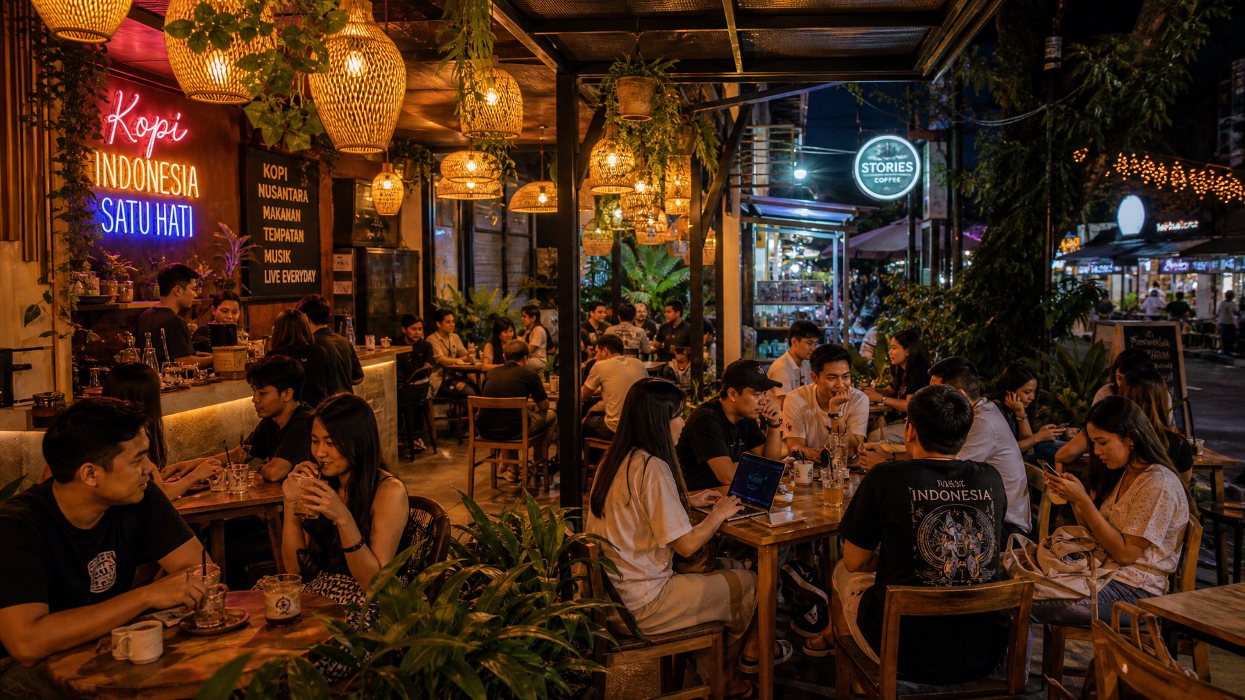 Suasana ramai di sebuah kafe malam di Indonesia dengan anak-anak muda sedang menikmati waktu bersama di luar ruangan.