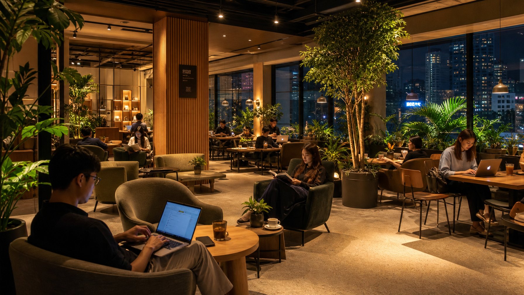 Suasana kafe malam yang nyaman dengan orang-orang bekerja dan bersantai di meja-meja kayu, dikelilingi tanaman dan pencahayaan hangat.