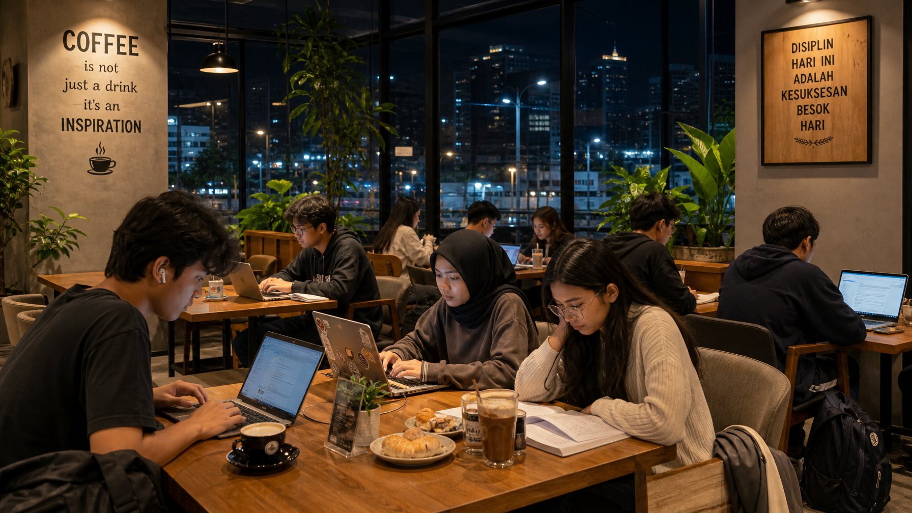 Suasana kafe malam di Indonesia dengan beberapa orang muda sedang mengerjakan tugas di laptop dan menulis di meja dengan minuman dan makanan ringan di sekitar mereka.