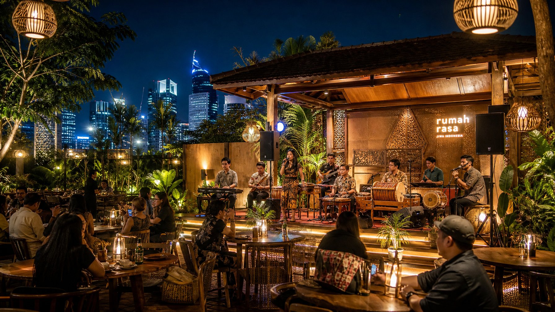 Suasana kafe malam di Indonesia dengan panggung musik live, pengunjung duduk di area luar ruangan yang hangat dan nyaman, dikelilingi tanaman tropis dan lampu-lampu lembut.