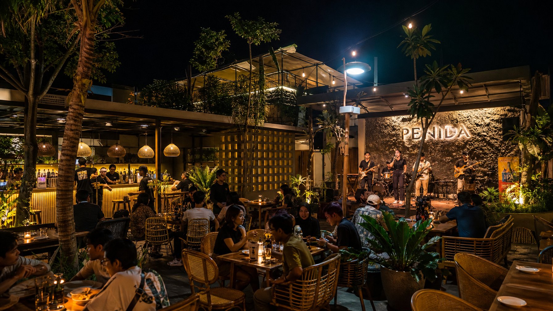 Suasana malam di sebuah kafe dengan musik live dan orang-orang menikmati waktu bersama di luar ruangan.