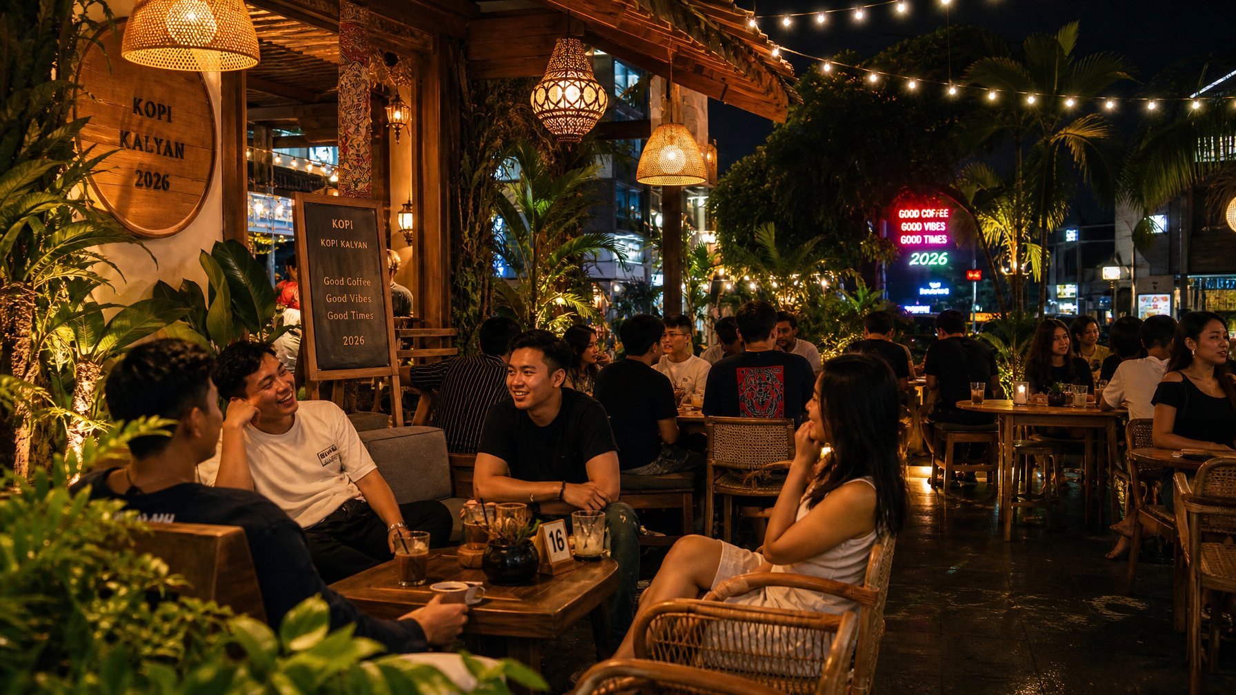 Tempat kafe outdoor yang ramai dengan orang-orang muda sedang bersantai dan berbincang di malam hari dengan pencahayaan hangat dan tanaman tropis di sekitarnya.