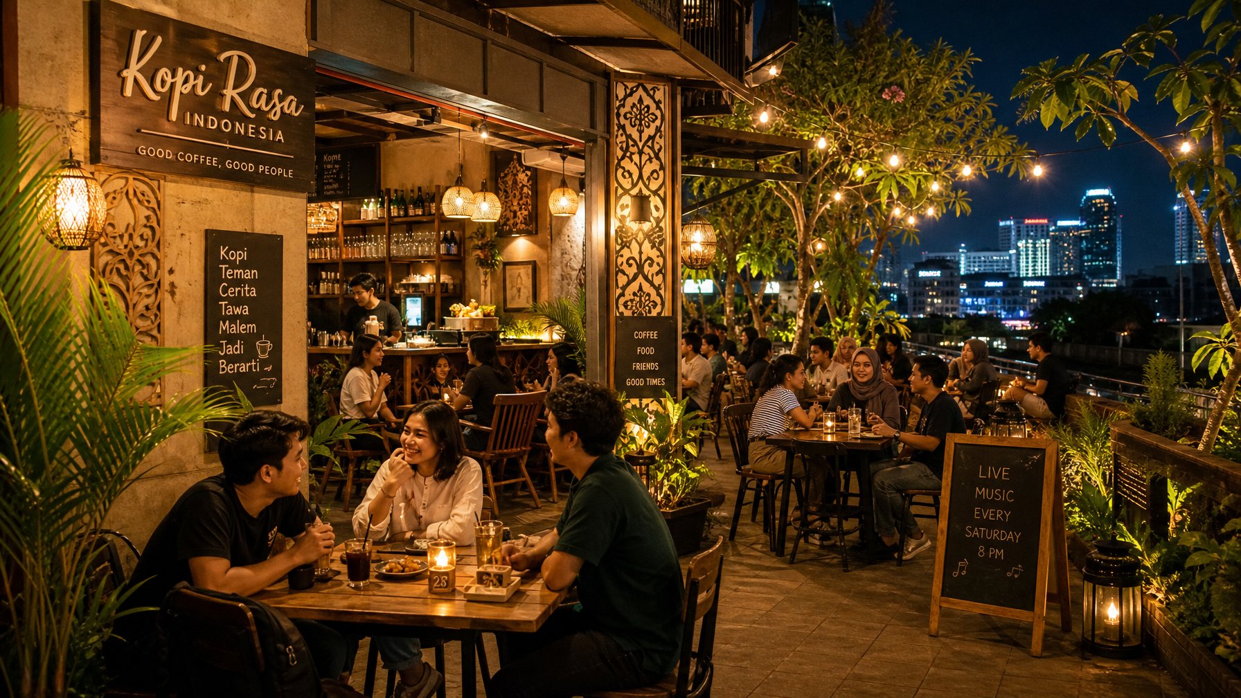 Suasana kafe malam yang ramai dengan beberapa orang muda sedang duduk santai dan berbincang di area luar ruangan yang diterangi lampu hangat.