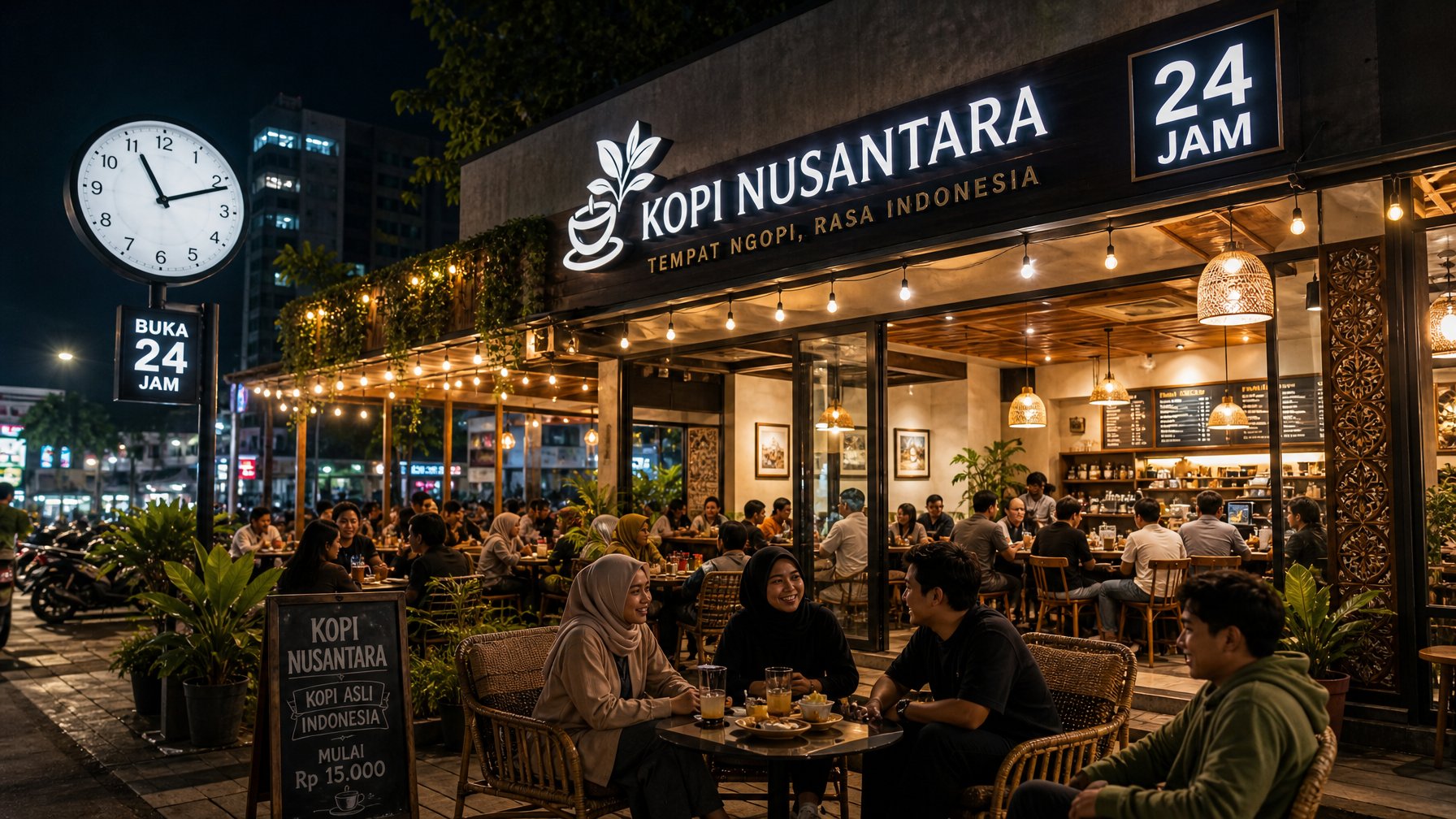 Suasana kafe malam yang nyaman dengan penerangan hangat, orang-orang menikmati minuman di area luar ruangan, menunjukkan kafe yang buka 24 jam di Indonesia.