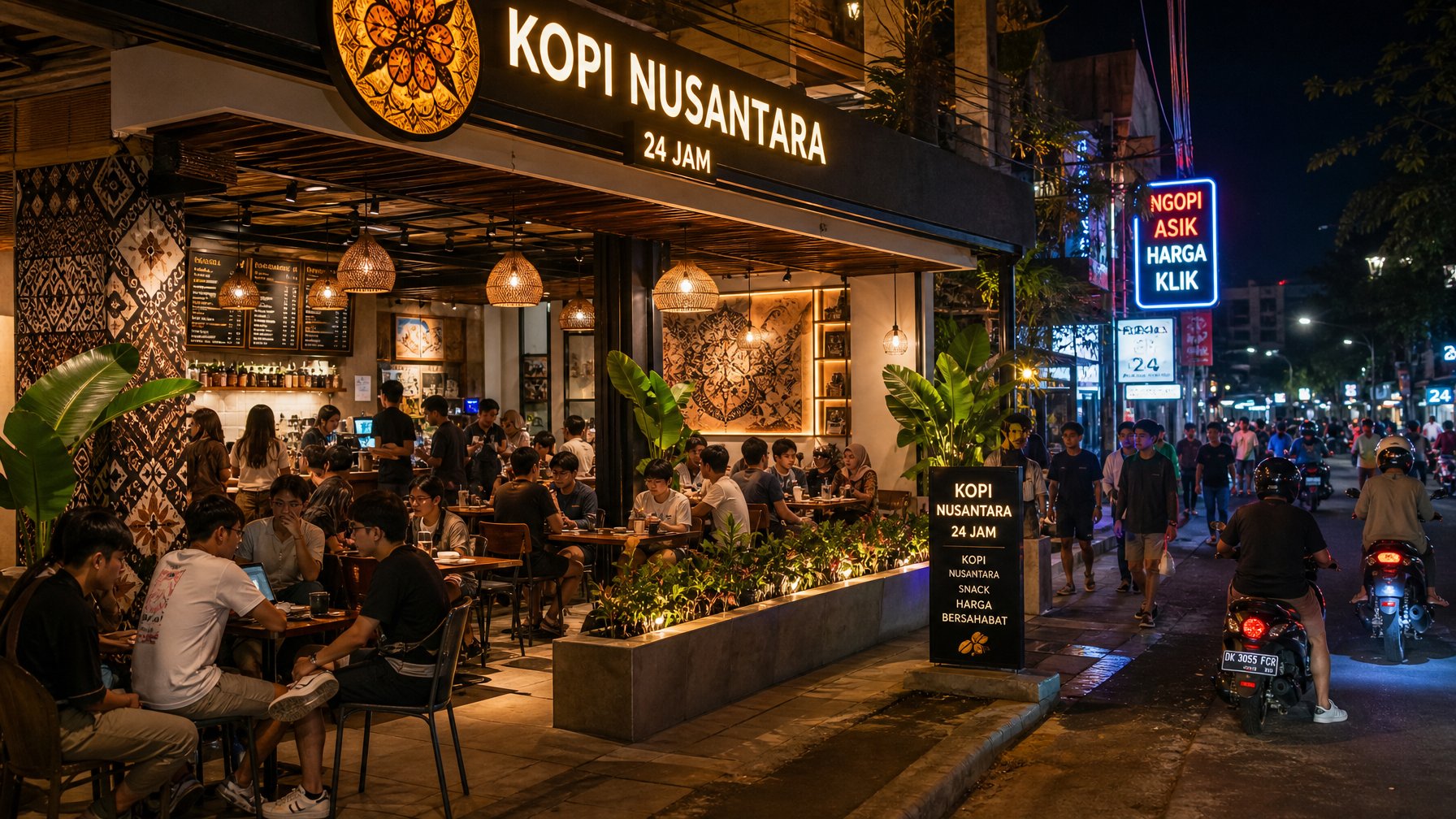 Suasana kafe malam yang ramai dengan pengunjung muda di Indonesia, menampilkan pencahayaan hangat dan dekorasi modern serta unsur budaya Indonesia.