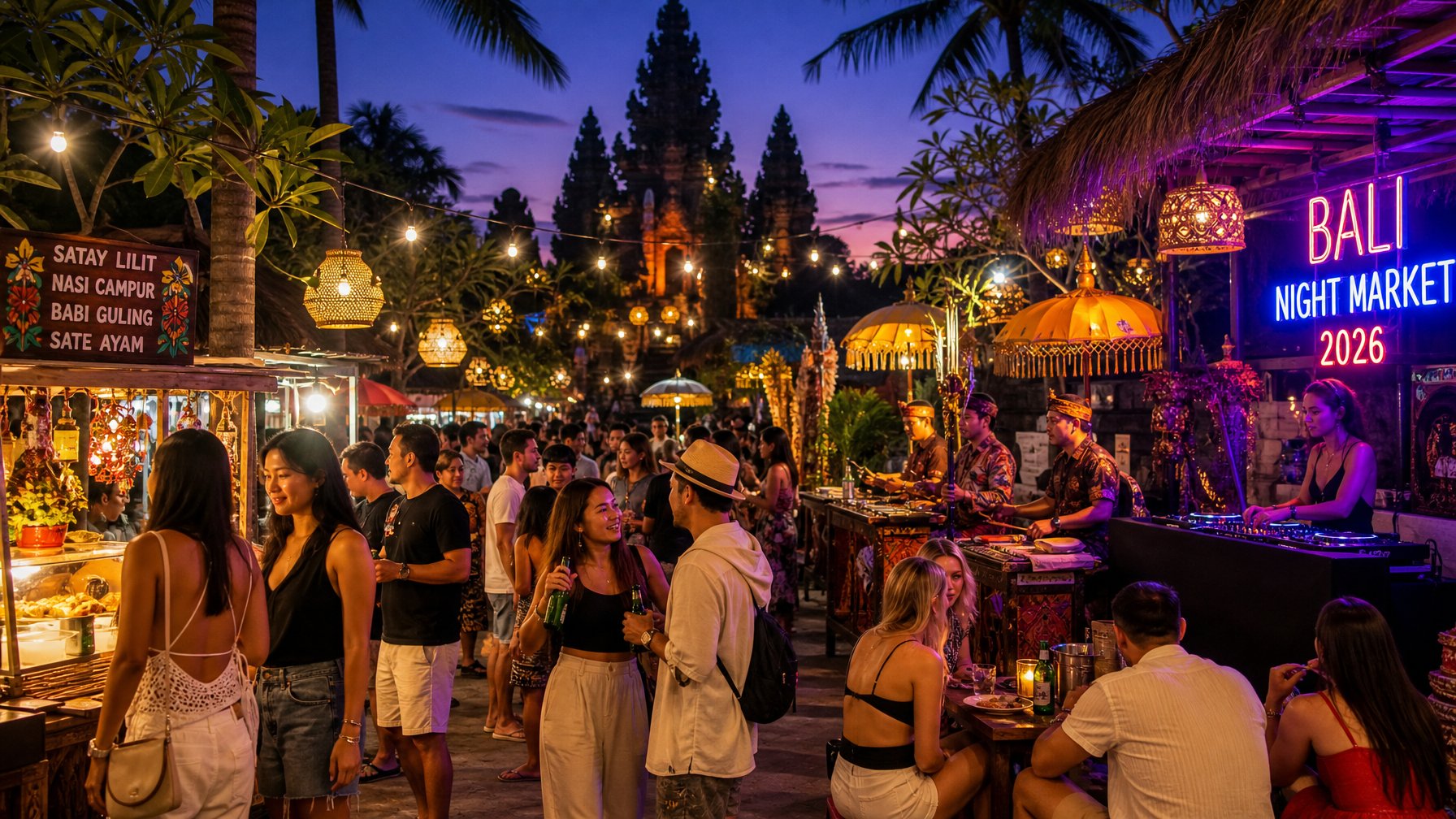 Suasana malam yang ramai di Bali dengan pasar malam, lampu warna-warni, orang-orang menikmati musik dan makanan di luar ruangan.