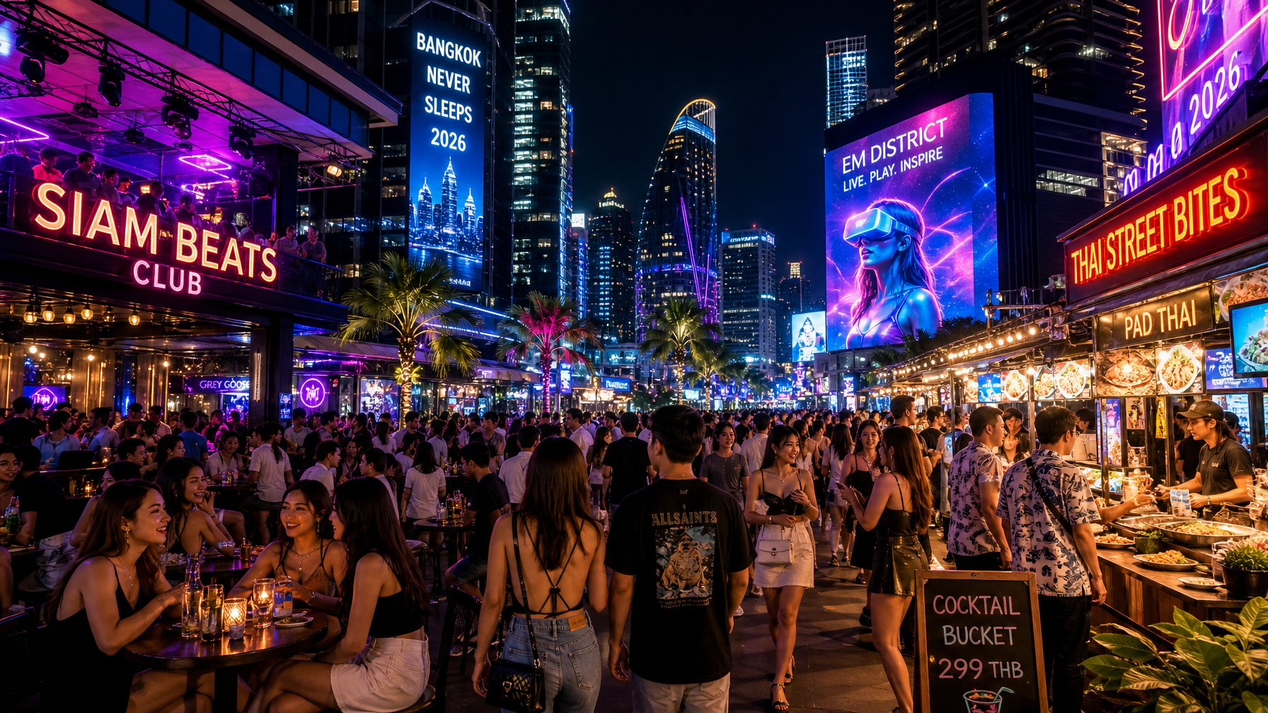 Pemandangan malam kota modern di Asia Tenggara dengan orang-orang menikmati hiburan malam di jalanan yang ramai dan penuh lampu warna-warni.