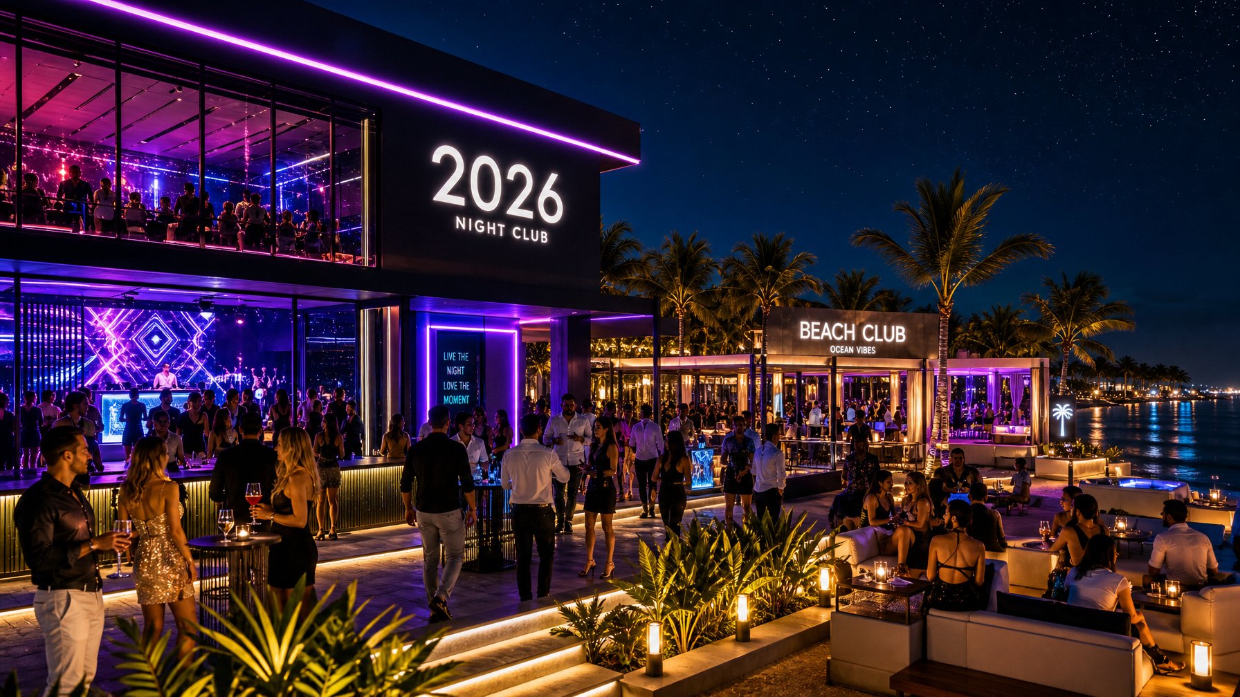 Pemandangan malam adalah tempat hiburan dengan klub malam dan klub pantai di tepi pantai, orang-orang menikmati suasana dengan lampu warna-warni dan langit berbintang.