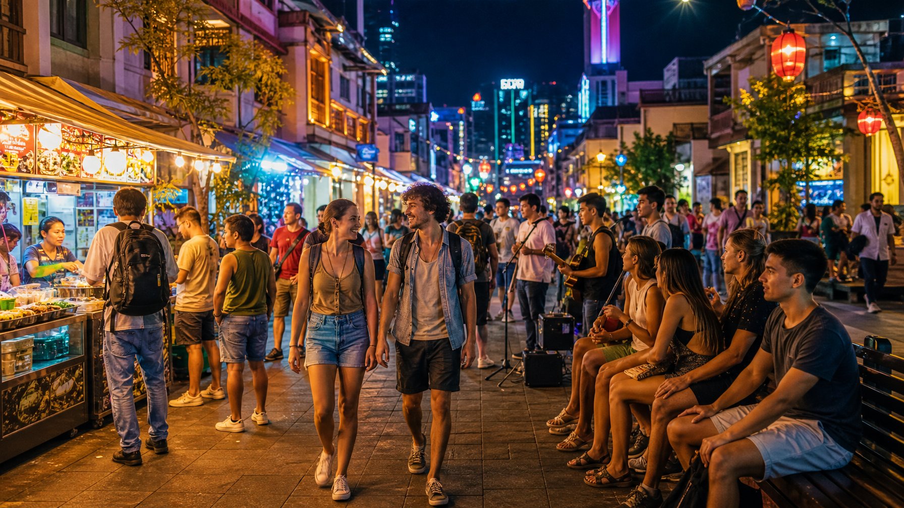 Suasana malam yang ramai dengan para backpacker menikmati hiburan dan makanan jalanan di area perkotaan yang terang dengan lampu warna-warni.