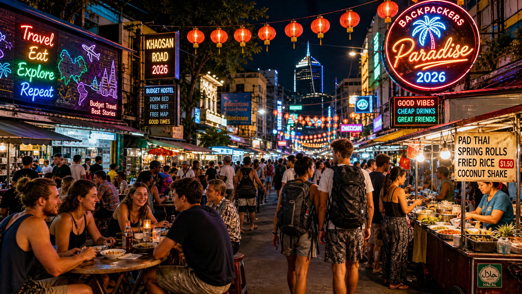 Suasana malam yang ramai dengan lampu neon, penjual makanan kaki lima, dan sekelompok wisatawan muda yang menikmati hiburan malam dengan suasana yang ceria dan terjangkau.