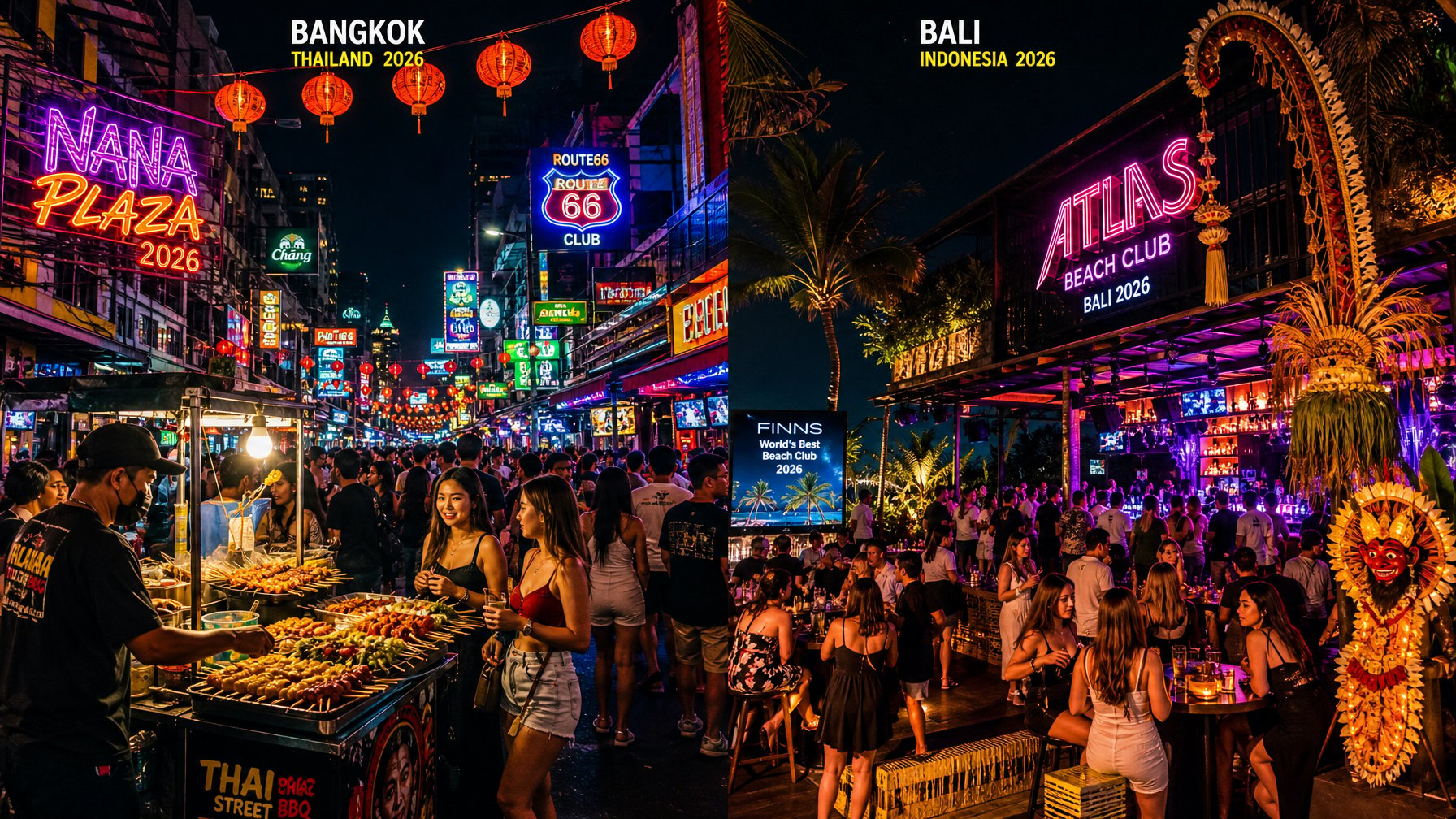 Pemandangan malam yang ramai di distrik hiburan populer di Bangkok dan Bali dengan lampu neon berwarna-warni, orang-orang menikmati aktivitas malam, dan penjual makanan jalanan.