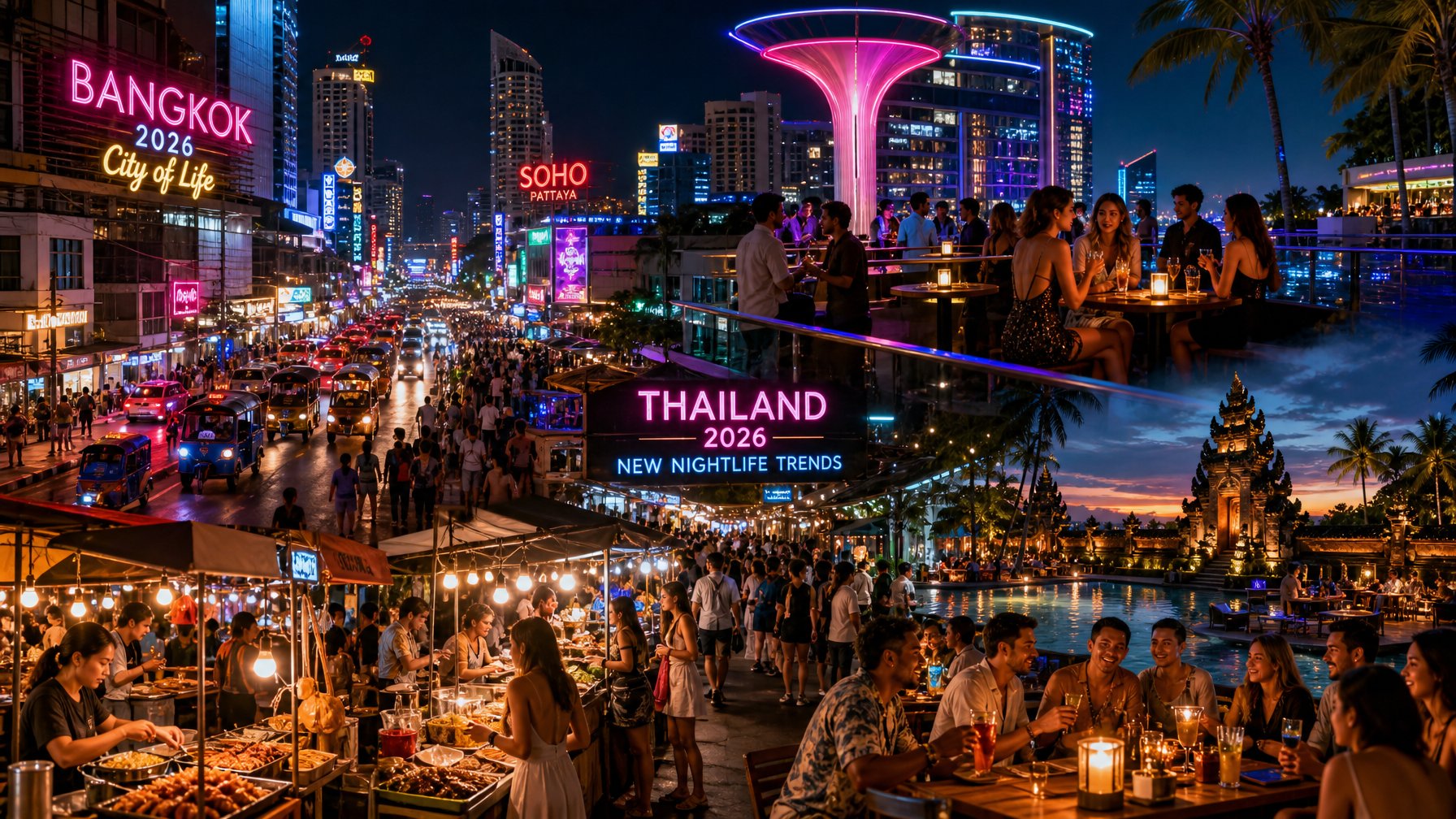 Pemandangan malam yang ramai dengan lampu neon warna-warni, orang-orang menikmati hiburan di bar atap dan pasar malam di kota-kota populer seperti Bangkok dan Bali.