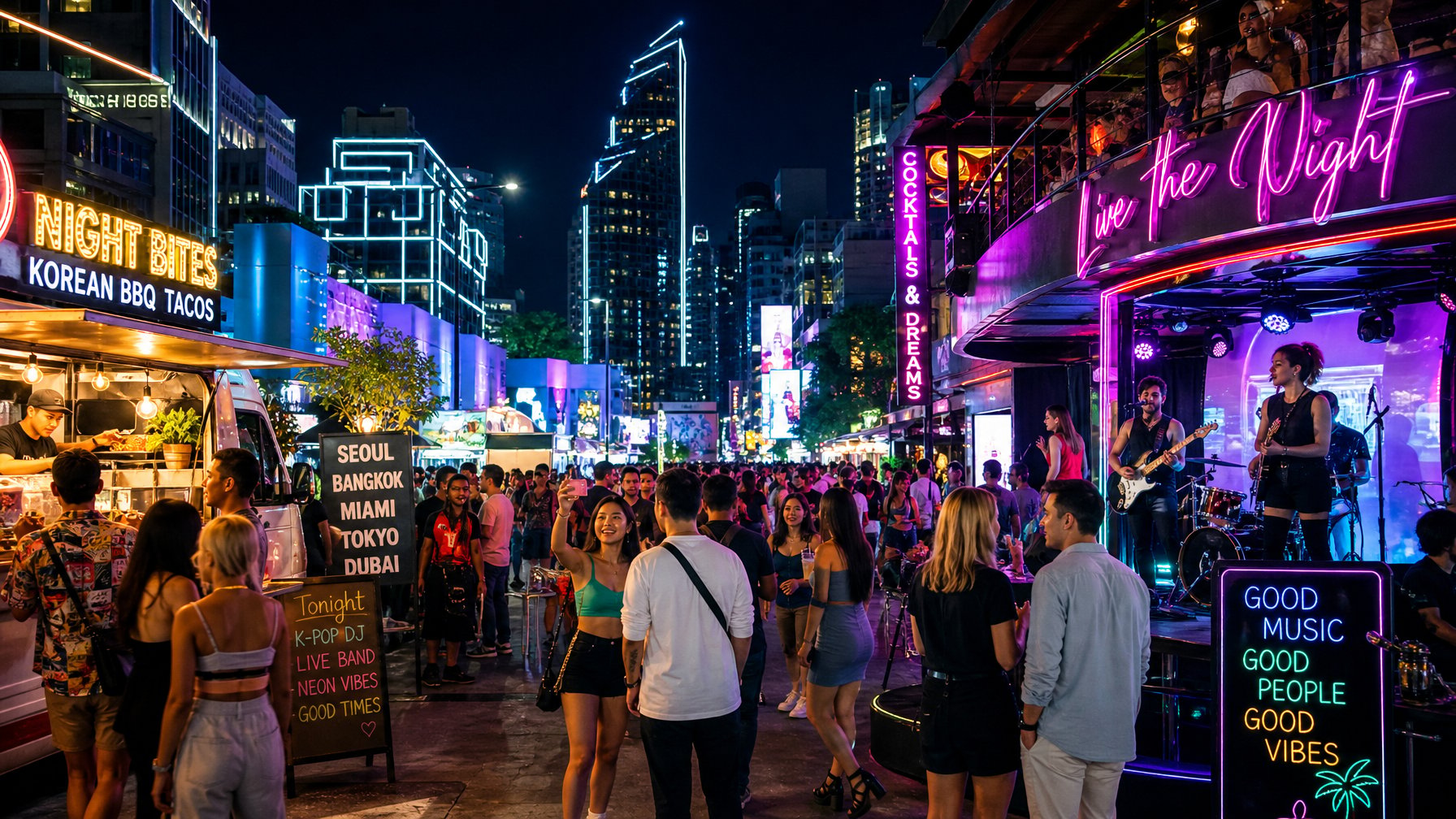 Pemandangan malam kota yang ramai dengan kelompok traveler muda menikmati hiburan malam seperti bar, musik live, dan food truck di jalan yang diterangi lampu neon.