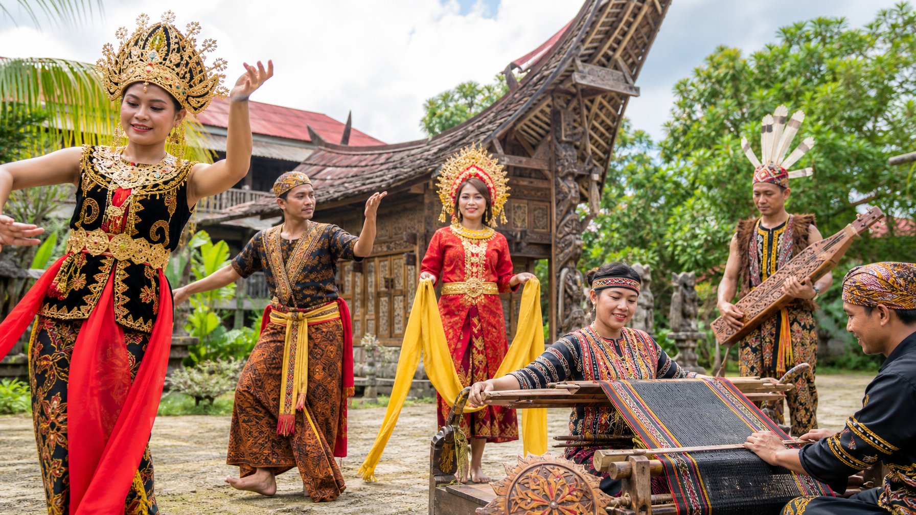 Sekelompok orang Indonesia mengenakan pakaian adat tradisional dari berbagai suku, sedang melakukan aktivitas budaya di lingkungan alami dengan tanaman tropis dan rumah kayu.