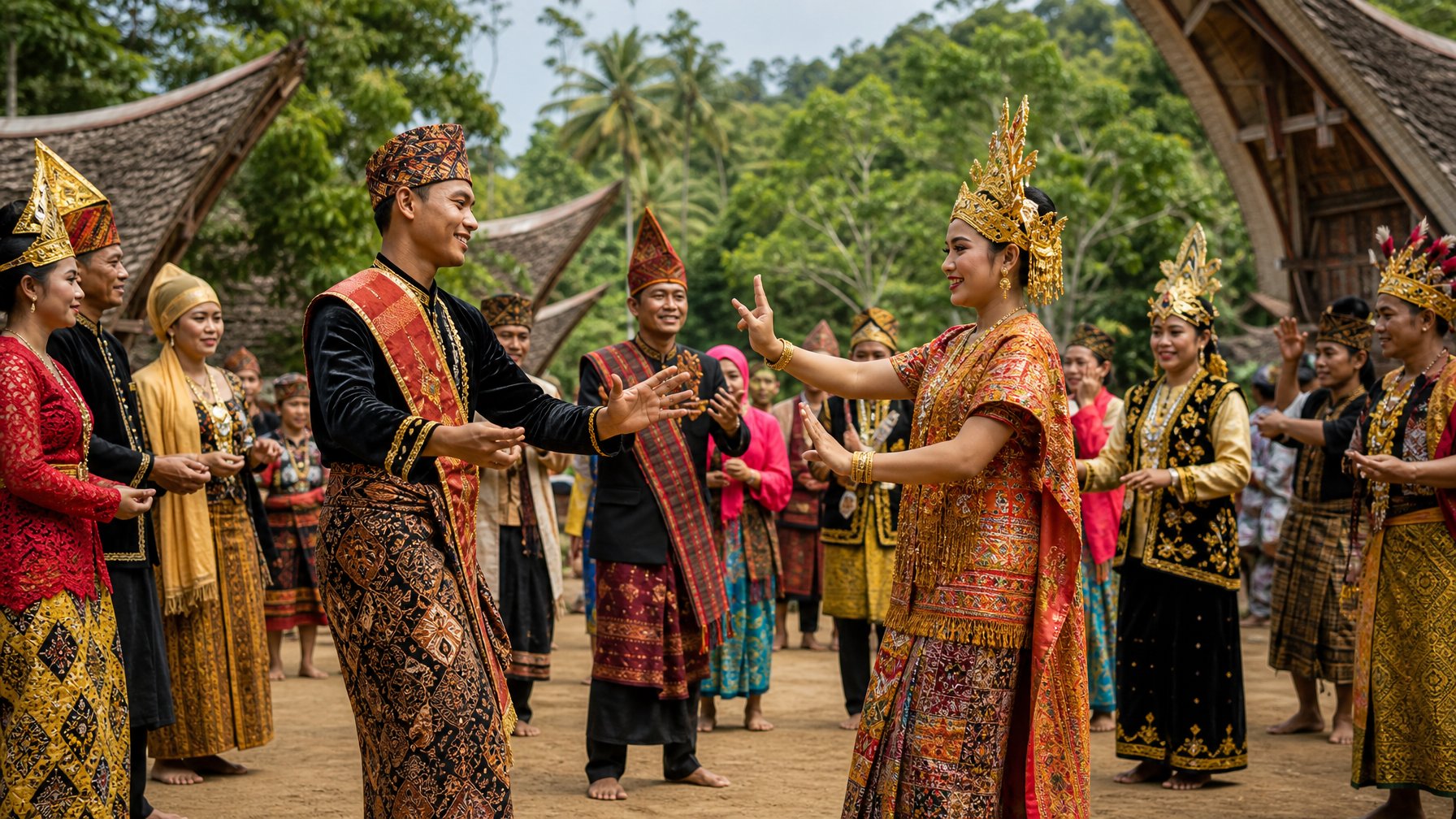 Sekelompok orang yang mengenakan pakaian adat tradisional dari berbagai suku di Indonesia berkumpul di luar ruangan dengan latar alam dan rumah tradisional.