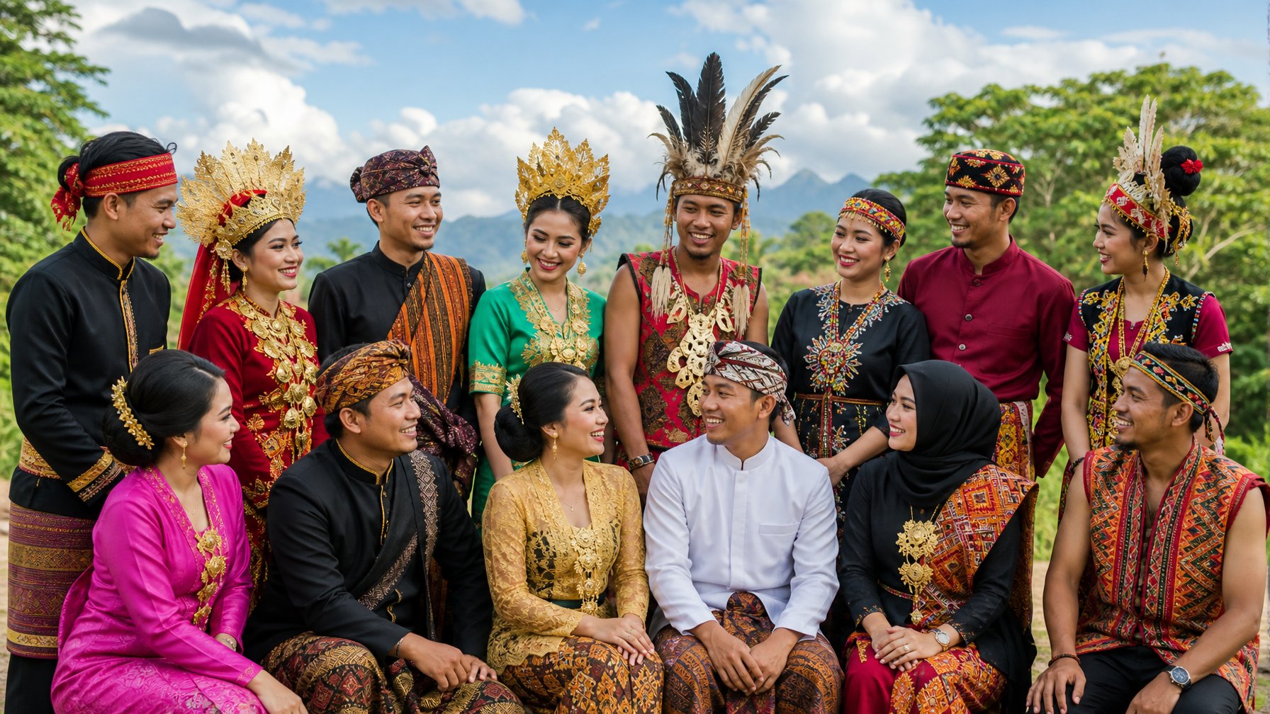 Sekelompok orang Indonesia mengenakan pakaian adat dari berbagai suku dengan latar belakang alam hijau.