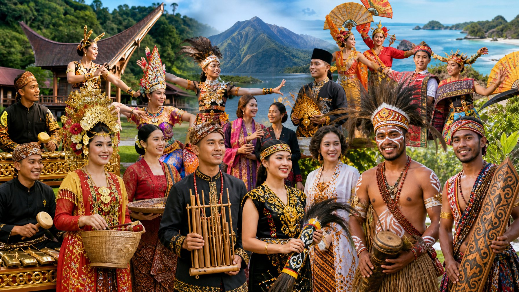 Beberapa orang mengenakan pakaian adat tradisional Indonesia dari berbagai suku, sedang melakukan tarian dan membawa alat budaya di latar pemandangan alam Indonesia.