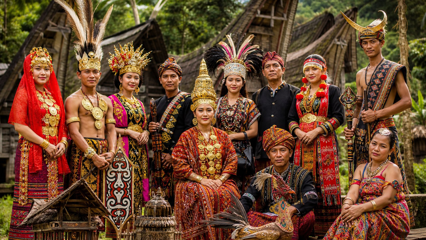 Sekelompok orang dari berbagai suku di Indonesia mengenakan pakaian adat tradisional dengan latar belakang rumah kayu dan pepohonan hijau.