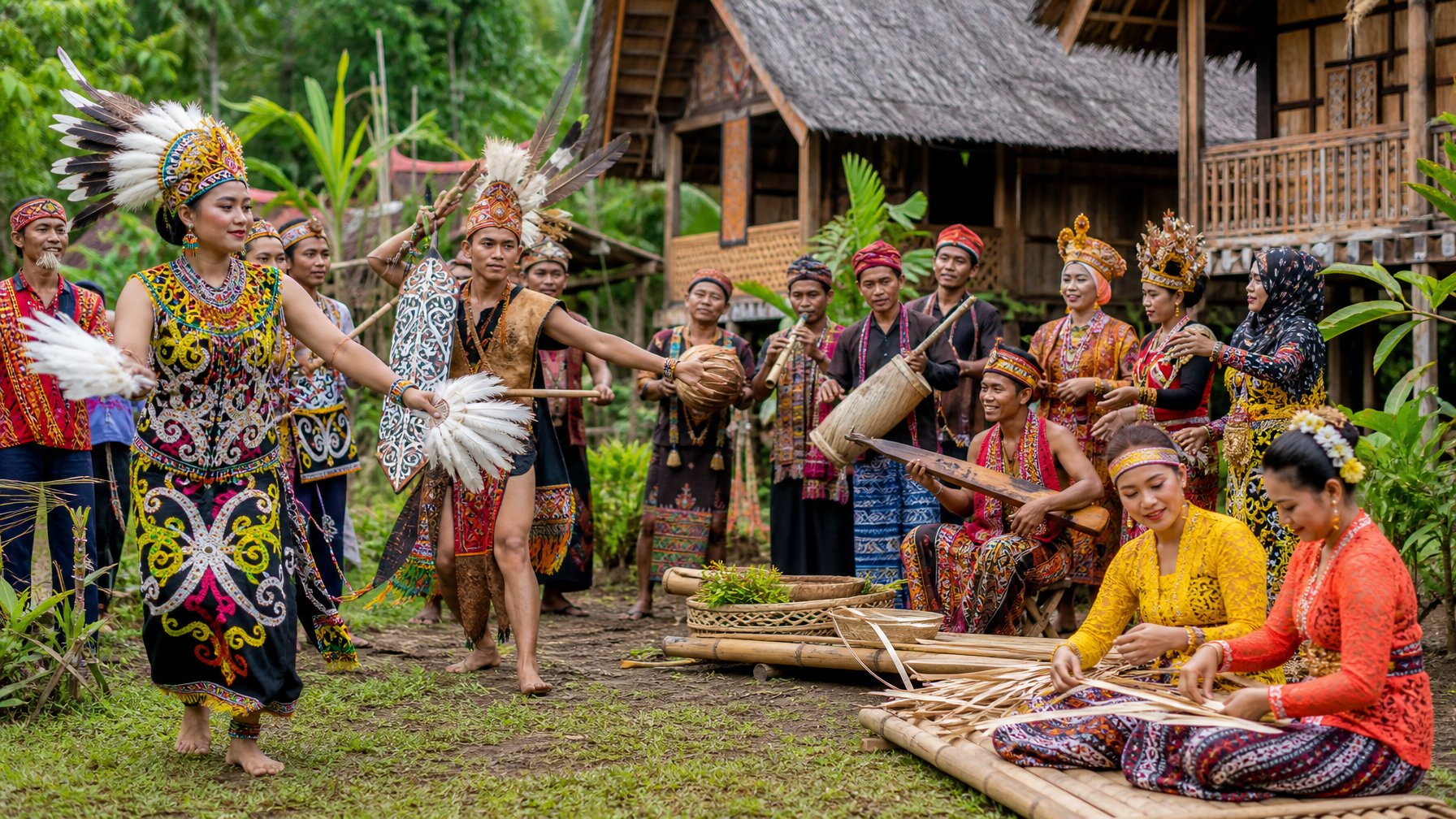 Sekelompok orang dari berbagai suku di Indonesia mengenakan pakaian adat tradisional yang berwarna-warni dan berkumpul di luar ruangan dengan latar belakang rumah tradisional dan pepohonan hijau.