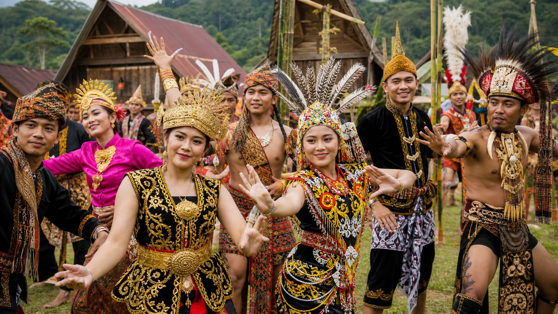 Sekelompok orang Indonesia mengenakan pakaian adat dari berbagai suku sedang mengikuti upacara tradisional dengan latar belakang rumah adat dan dekorasi warna-warni.