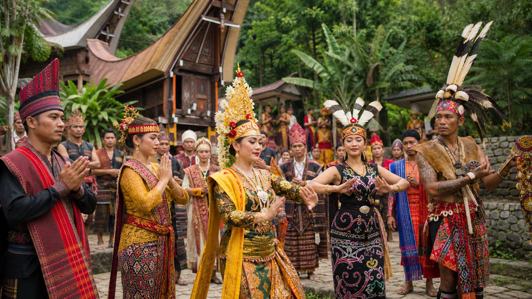 Sekelompok orang mengenakan pakaian adat berwarna-warni dari berbagai suku di Indonesia sedang melakukan upacara tradisional di luar ruangan dengan latar belakang rumah adat dan pepohonan hijau.
