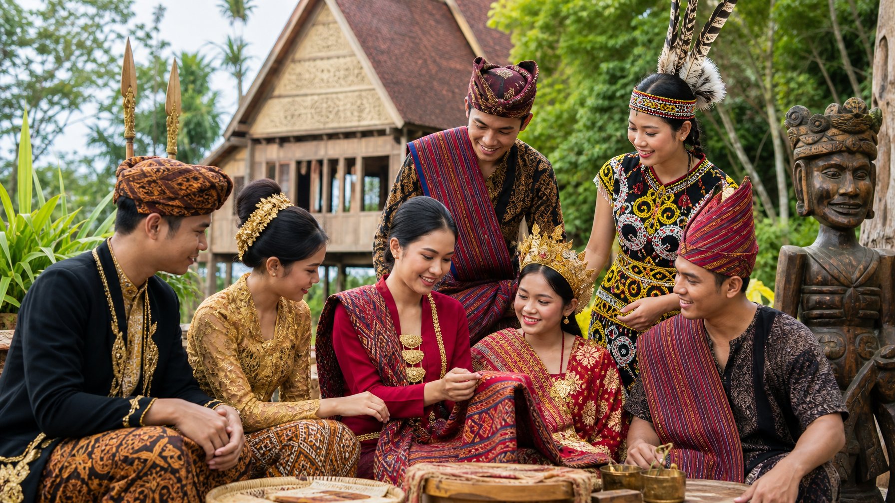 Sekelompok pemuda Indonesia mengenakan pakaian adat dari berbagai suku yang berkumpul di luar ruangan dengan latar alam dan bangunan tradisional.