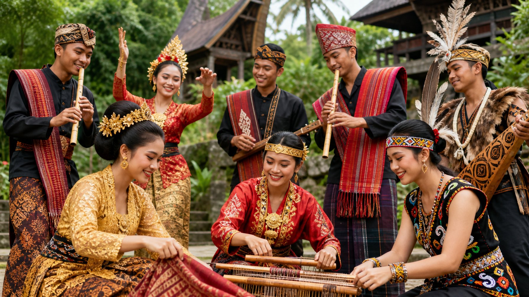 Sekelompok pemuda Indonesia mengenakan pakaian adat dari berbagai suku yang berkumpul di luar ruangan dengan latar belakang alam dan bangunan tradisional, tampak sedang melakukan aktivitas budaya bersama.
