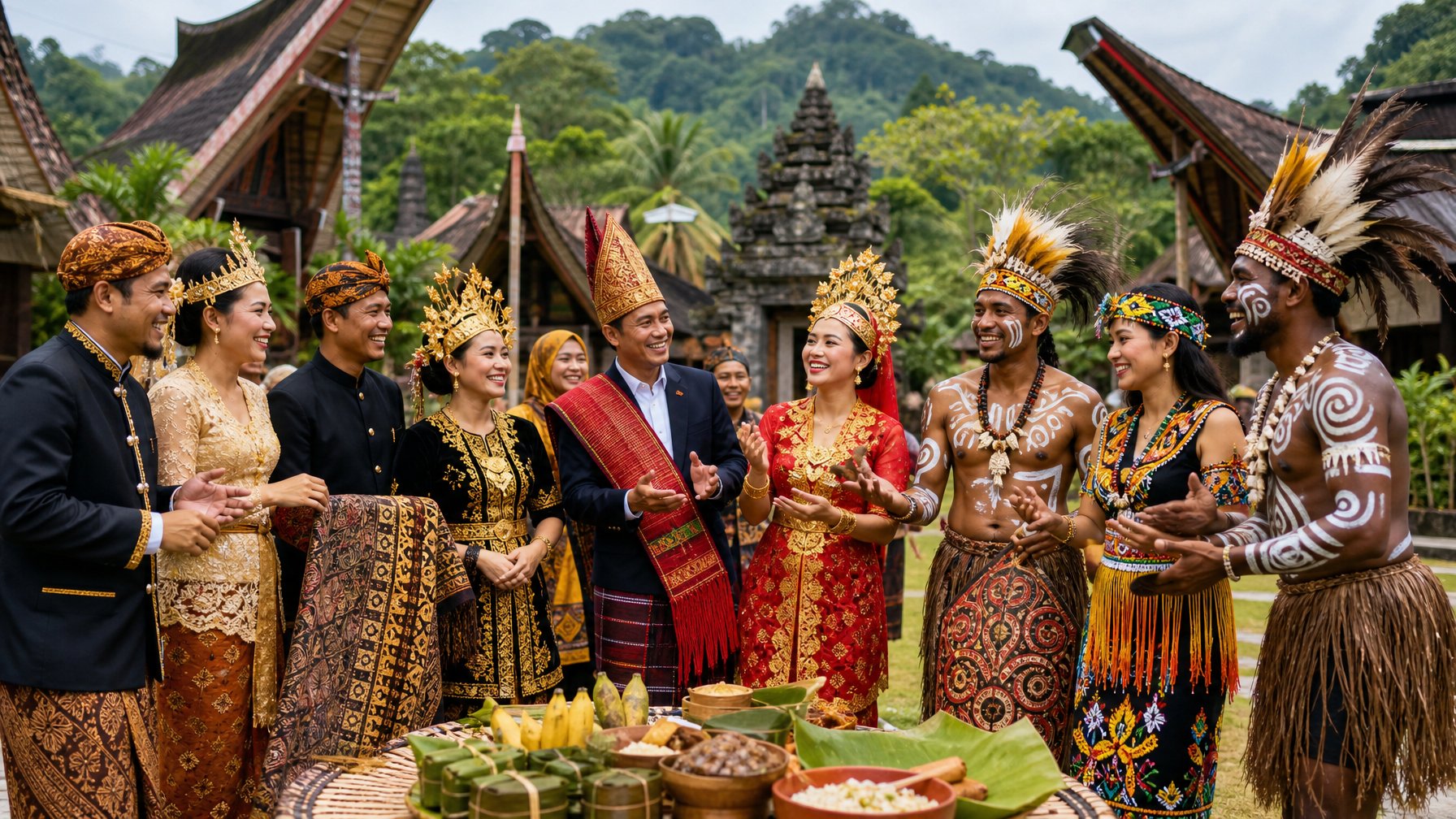 Sekelompok orang Indonesia dari berbagai suku adat mengenakan pakaian tradisional berwarna-warni sedang berkumpul dan melakukan aktivitas bersama di luar ruangan dengan latar alam tropis.