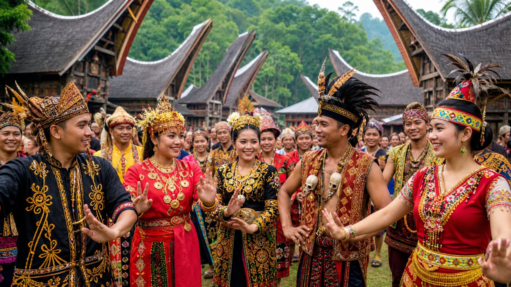 Sekelompok orang Indonesia mengenakan pakaian adat berbagai suku sedang melakukan kegiatan budaya bersama di luar ruangan dengan rumah tradisional dan pepohonan di latar belakang.