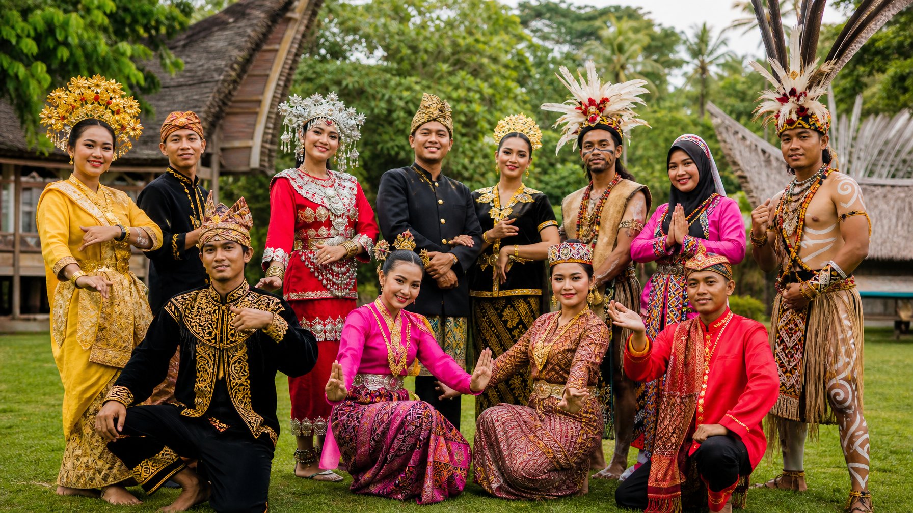 Sekelompok orang Indonesia mengenakan pakaian adat dari berbagai suku, menjaga lingkungan alam yang hijau dan tradisional.