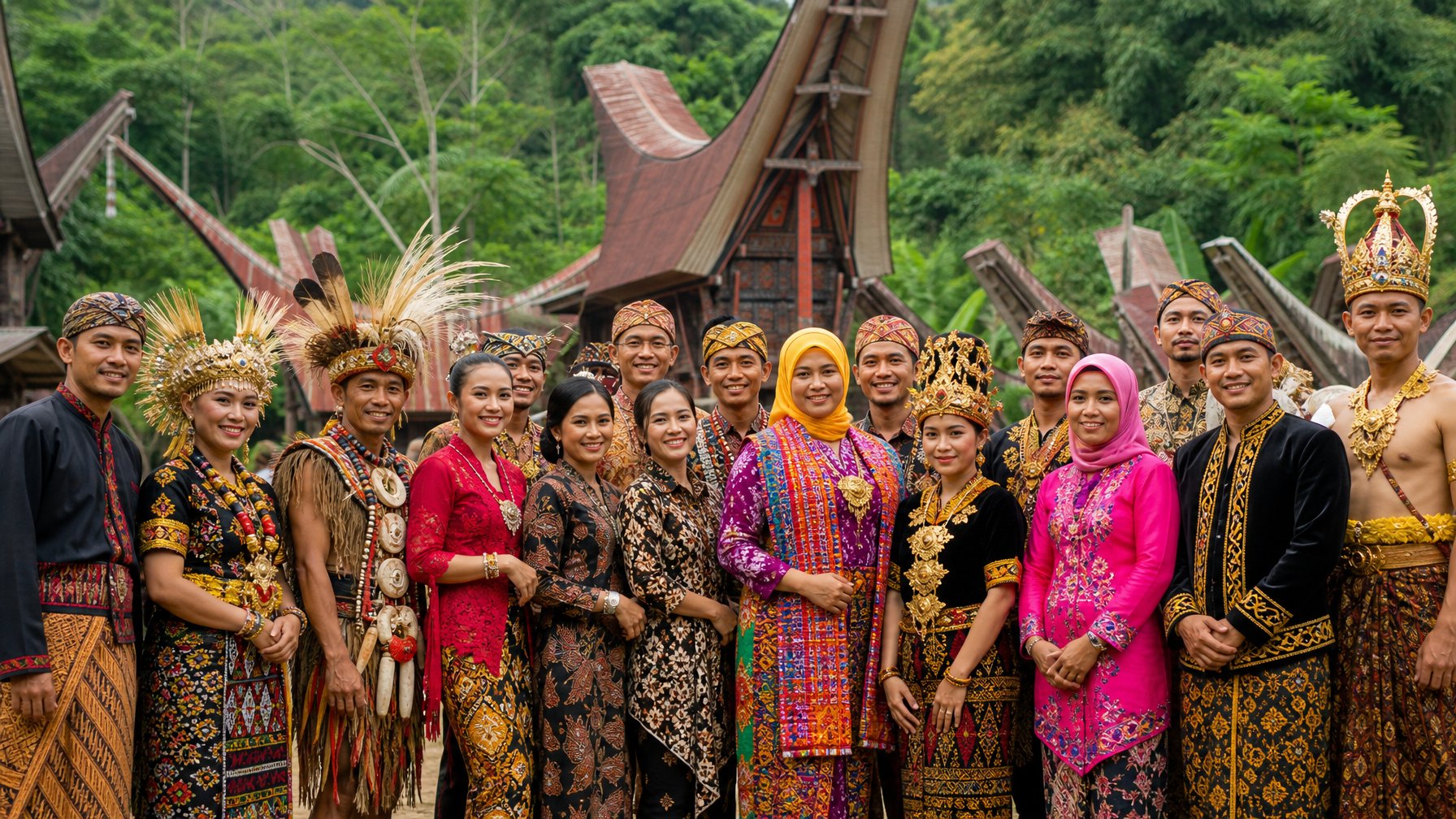 Sekelompok orang mengenakan pakaian adat dari berbagai suku di Indonesia berkumpul di luar ruangan dengan latar belakang rumah tradisional dan pepohonan.