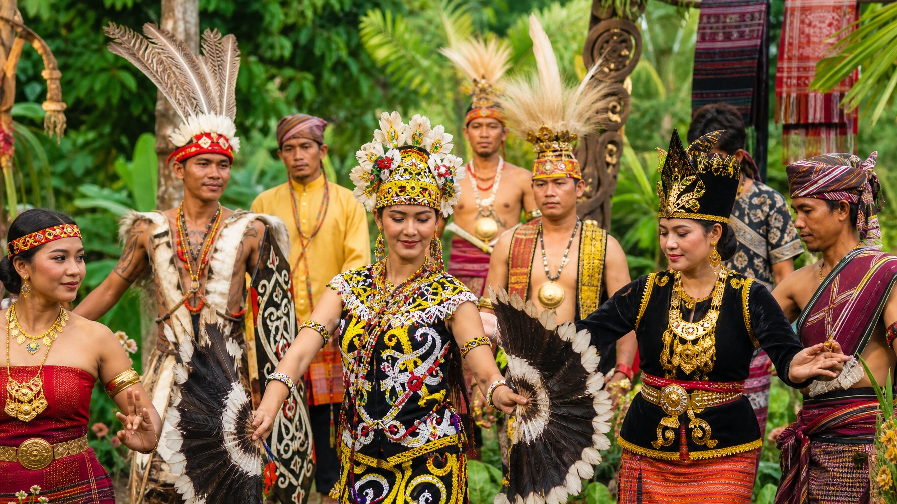 Kelompok orang Indonesia mengenakan pakaian adat dari berbagai suku sedang melakukan upacara tradisional di luar ruangan.
