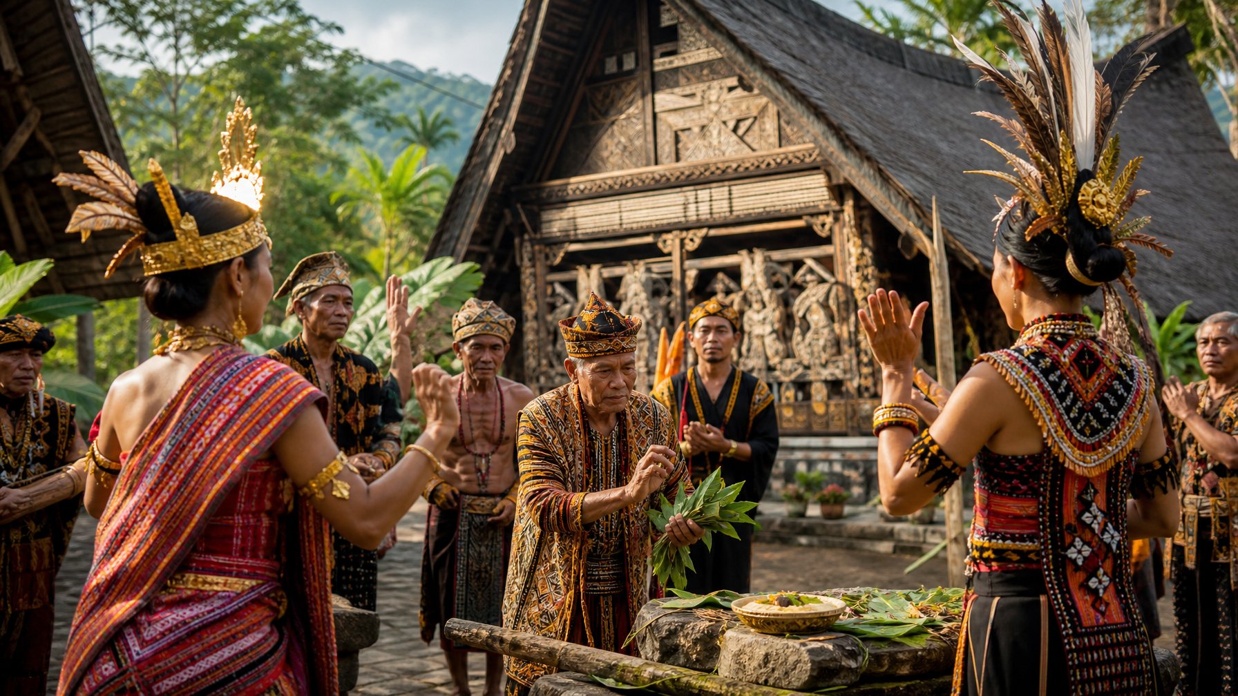 Sekelompok orang mengenakan pakaian adat berbagai suku di Indonesia sedang melakukan upacara tradisional di luar ruangan dengan latar belakang alam dan rumah adat.