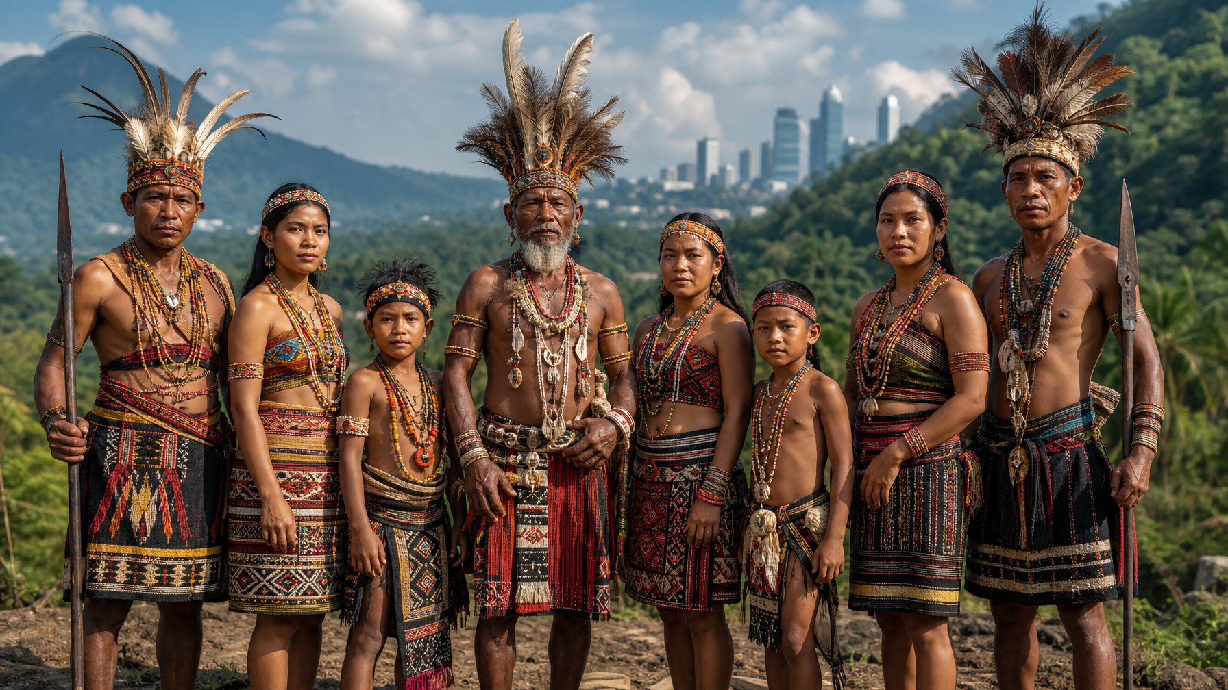 Sekelompok orang Indonesia mengenakan pakaian adat tradisional yang berkumpul di luar ruangan dengan latar belakang alam dan unsur modern.