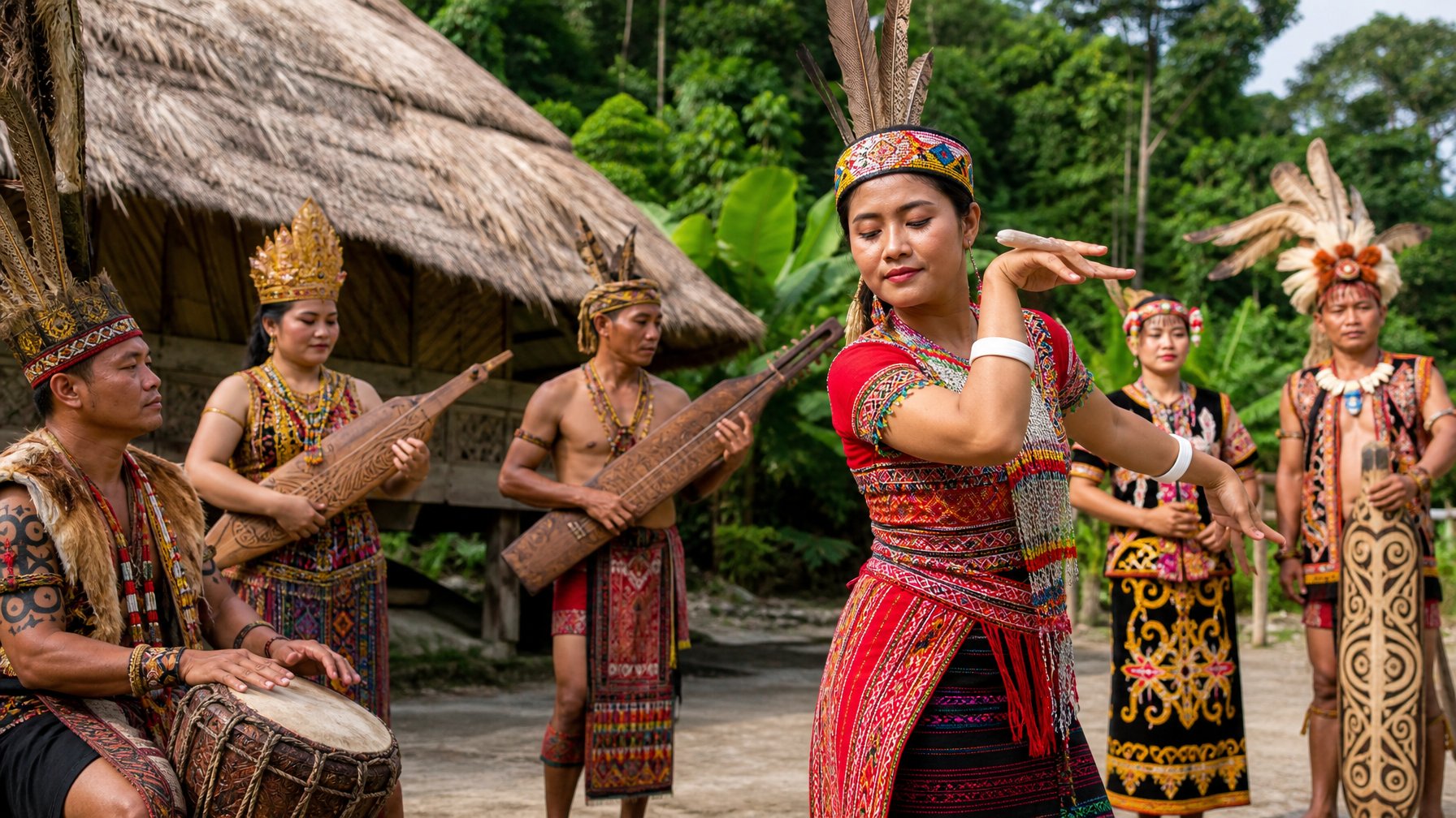 Beberapa orang dari suku asli Indonesia mengenakan pakaian adat tradisional sedang melakukan aktivitas budaya di luar ruangan dengan latar belakang hutan tropis dan rumah adat.